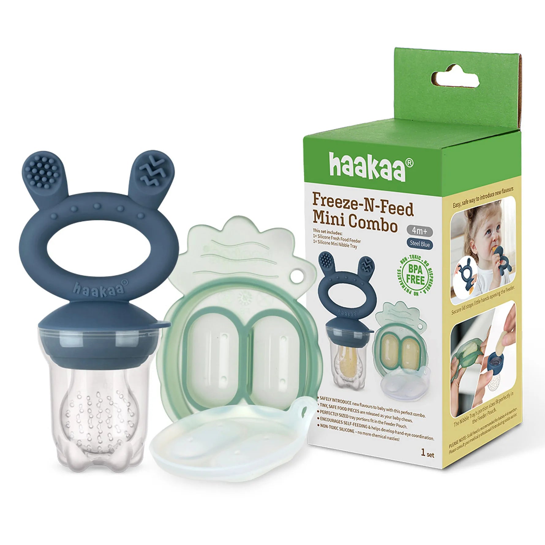 Haakaa Freeze-N-Feed Mini Combo with Silicone Food Feeder & Silicone Mini Nibble Feeder + Pea Green Tray Steel Blue Age- 3 Months & Above