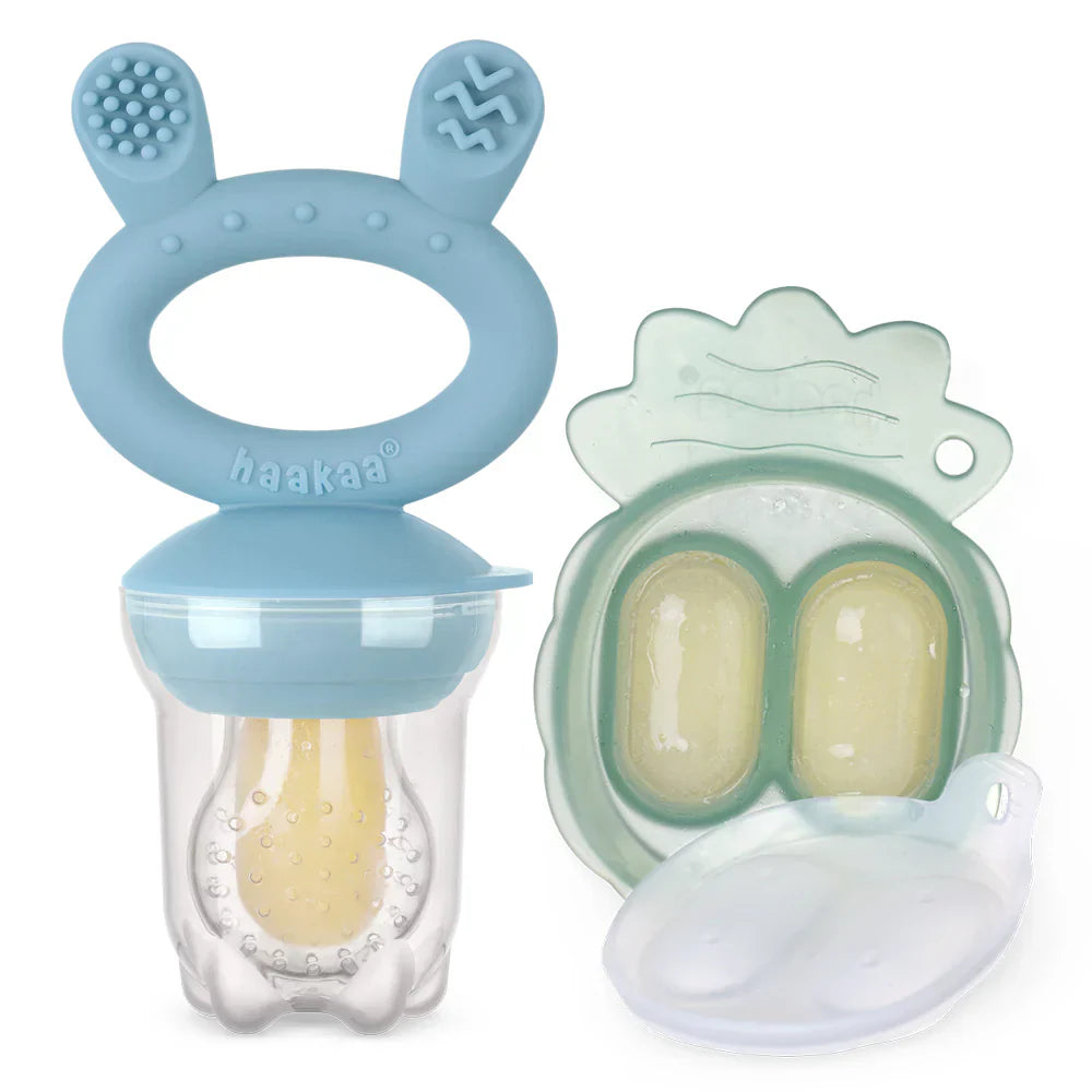 Haakaa Freeze-N-Feed Mini Combo with Silicone Food Feeder & Silicone Mini Nibble Feeder + Pea Green Tray Sky Blue  Age- 3 Months & Above