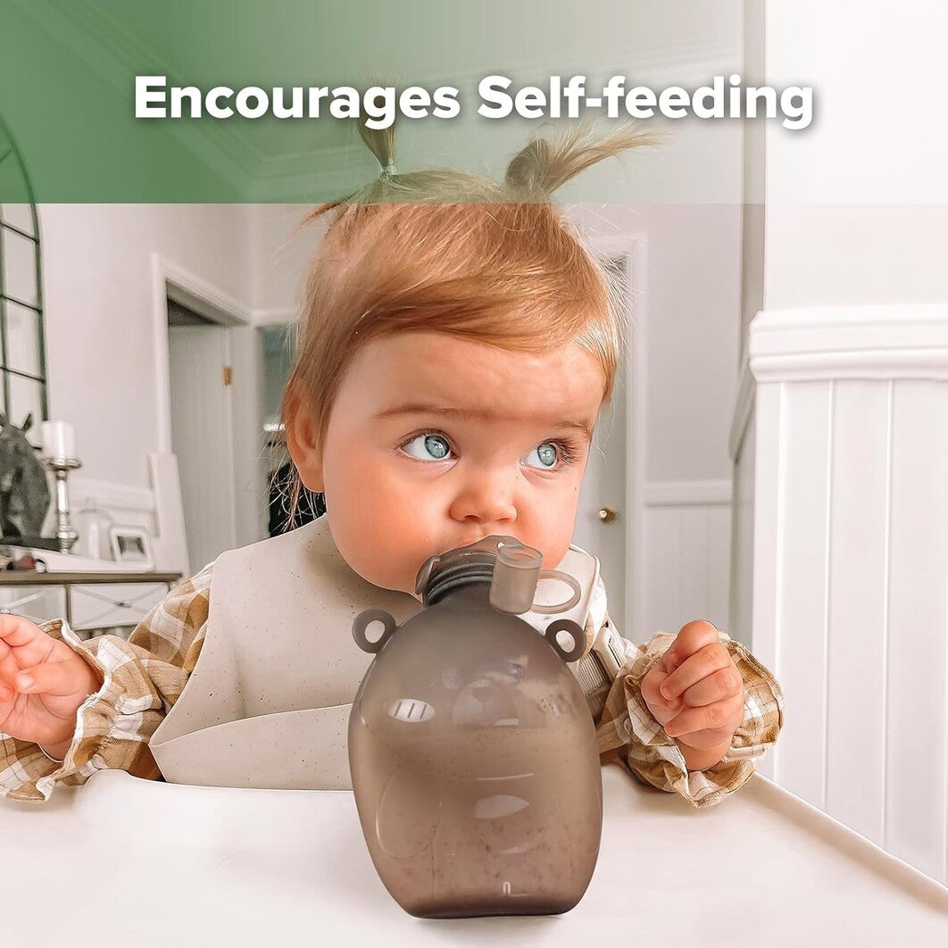 Haakaa Happii Bear Silicone Goody Pouch - 170ml Pack of 1 Grey  Age- Newborn & Above