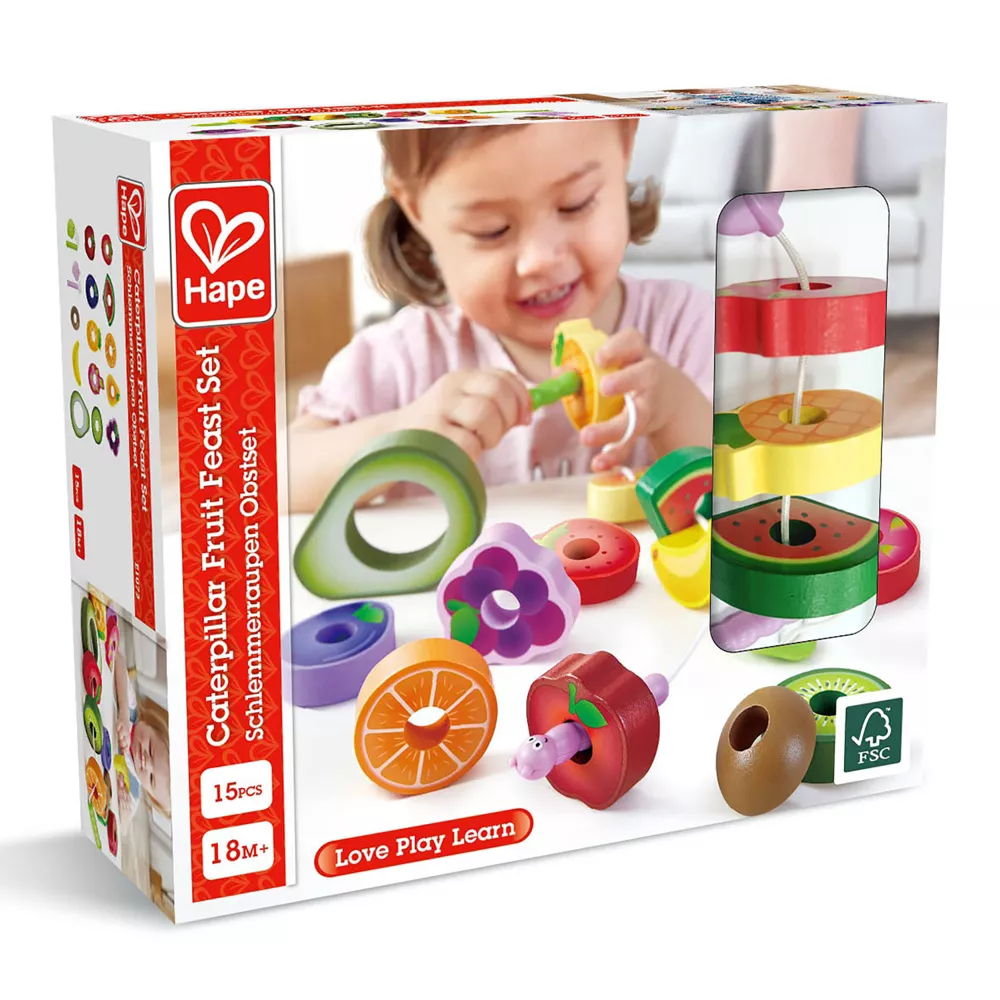 Hape Caterpillar Fruit Feast Set 14-Pieces Wooden Stringing Toy Age- 18 Months & Above