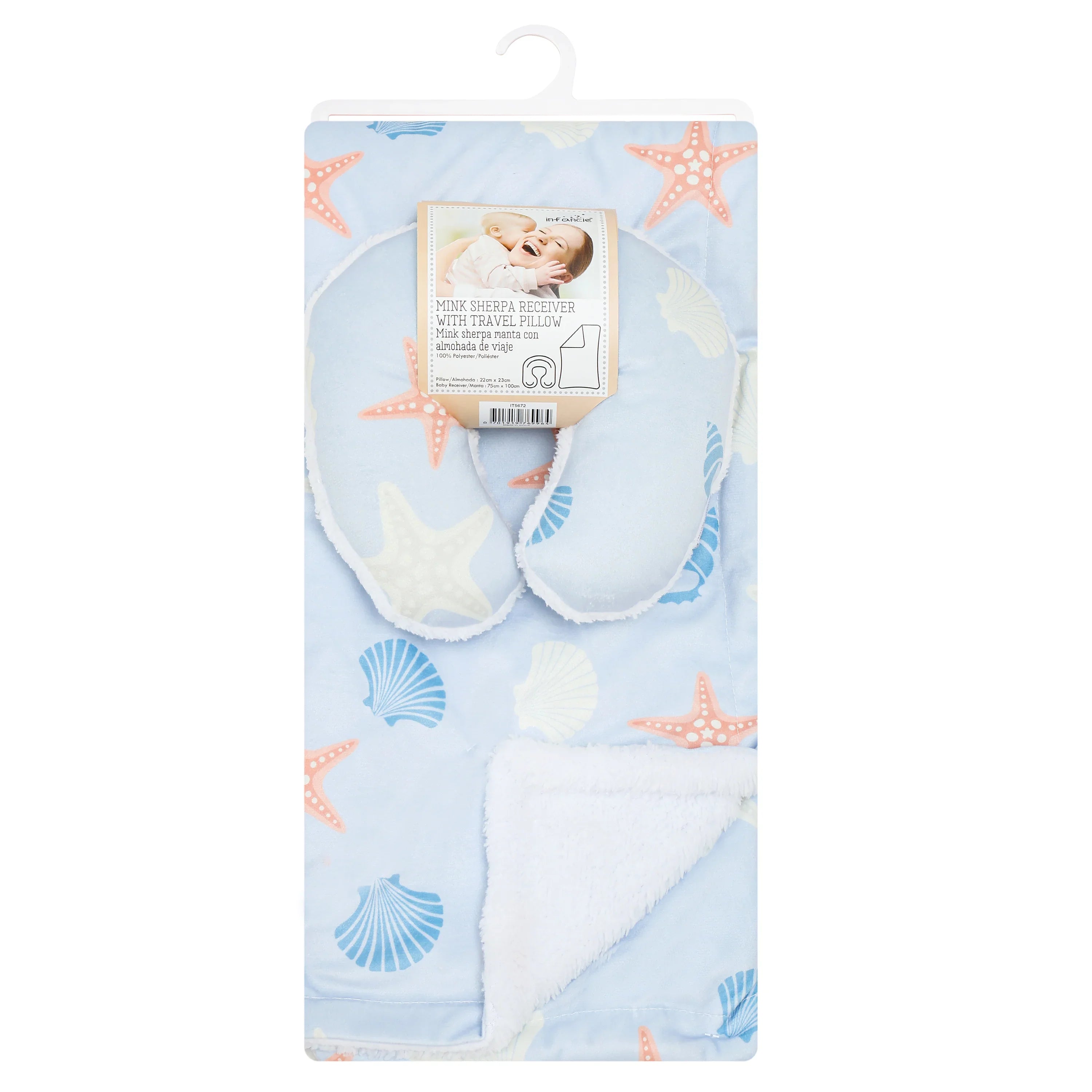 Infancie Aqua Starfish Themed Baby Mink Sherpa Blanket and Travel Pillow Blue Age- Newborn & Above  IT5672