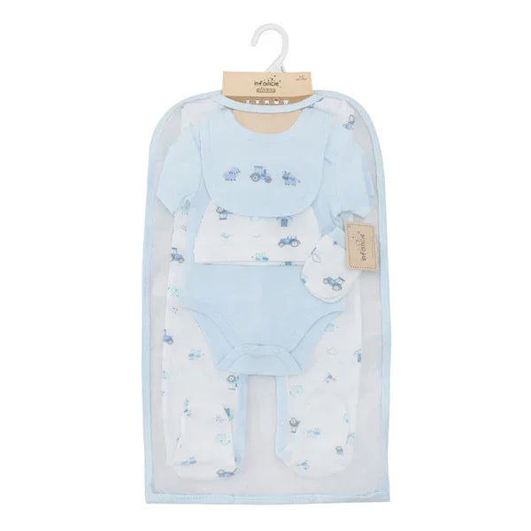 Infancie Cute Baby 5-Piece Layette Gift Set (Bodysuit, Babygrower, Mittens, Bibs & Cap)  White/Blue IT5931