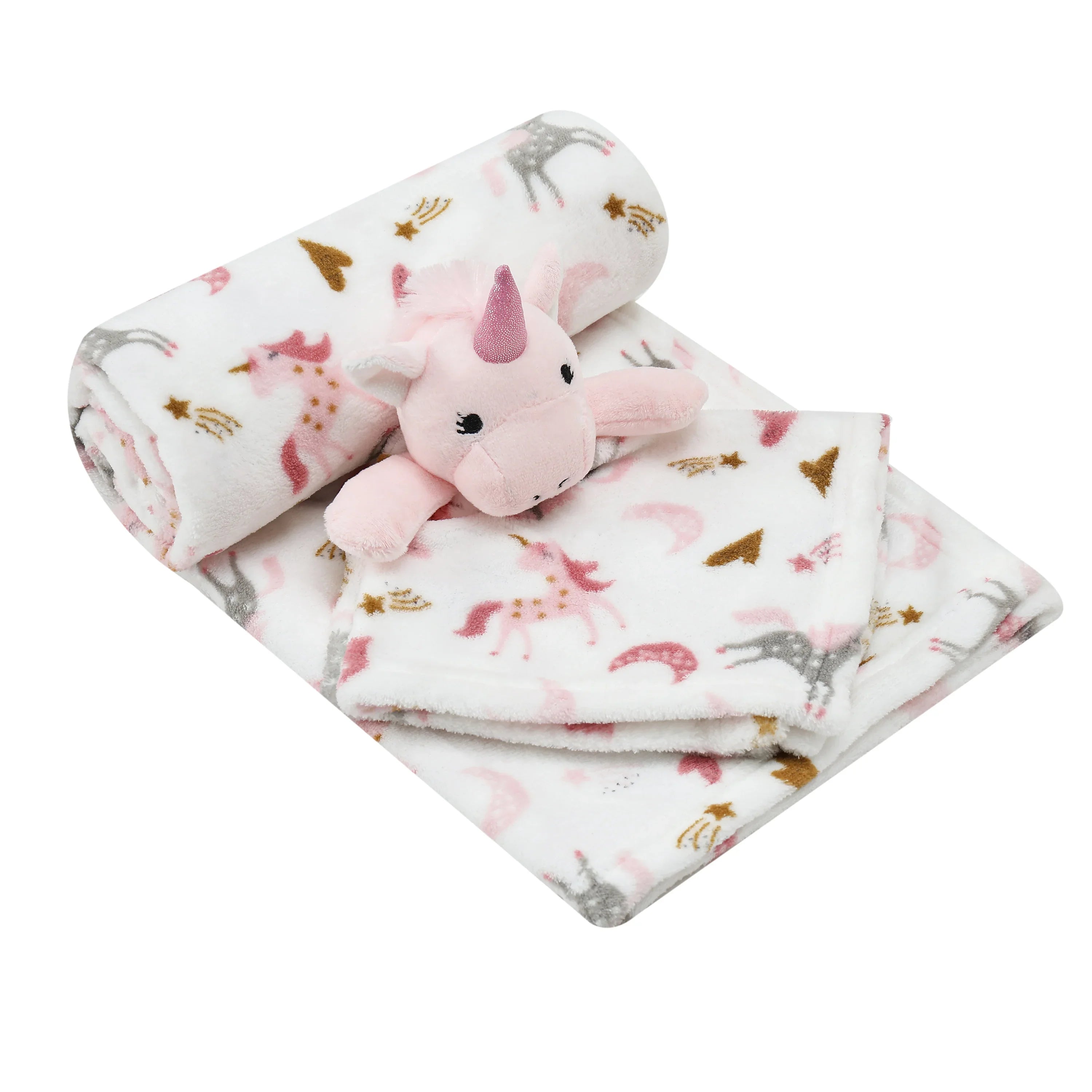 Infancie Cute Fleece Blanket (75 x 100 cm) with Cute Unicorn Plush Toy (30 x 30 cm) Pink/White  IT5934