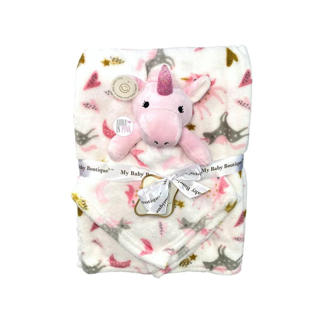 Infancie Cute Fleece Blanket (75 x 100 cm) with Cute Unicorn Plush Toy (30 x 30 cm) Pink/White IT5934