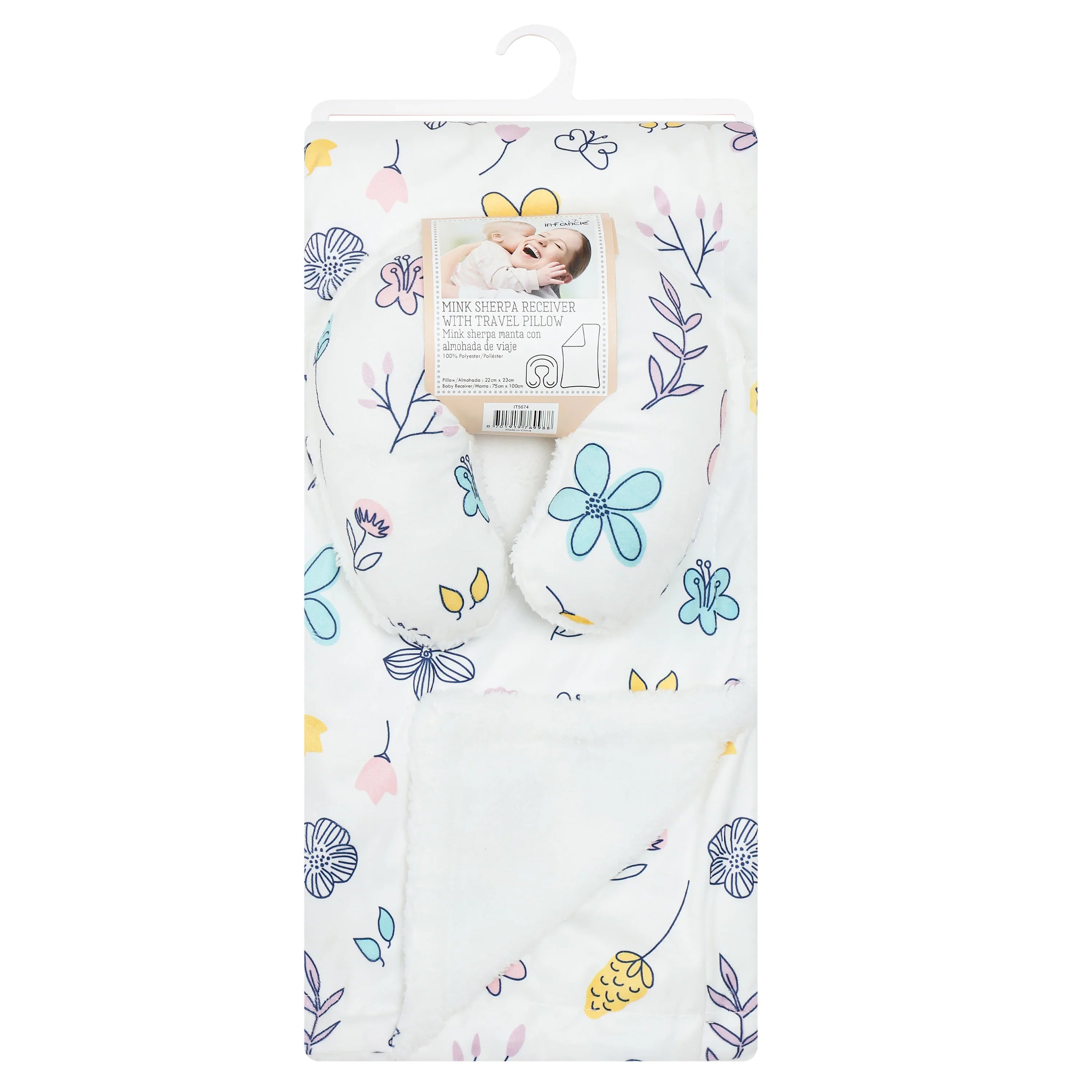 Infancie Floral Themed Baby Mink Sherpa Blanket and Travel Pillow White Age- Newborn & Above IT5674