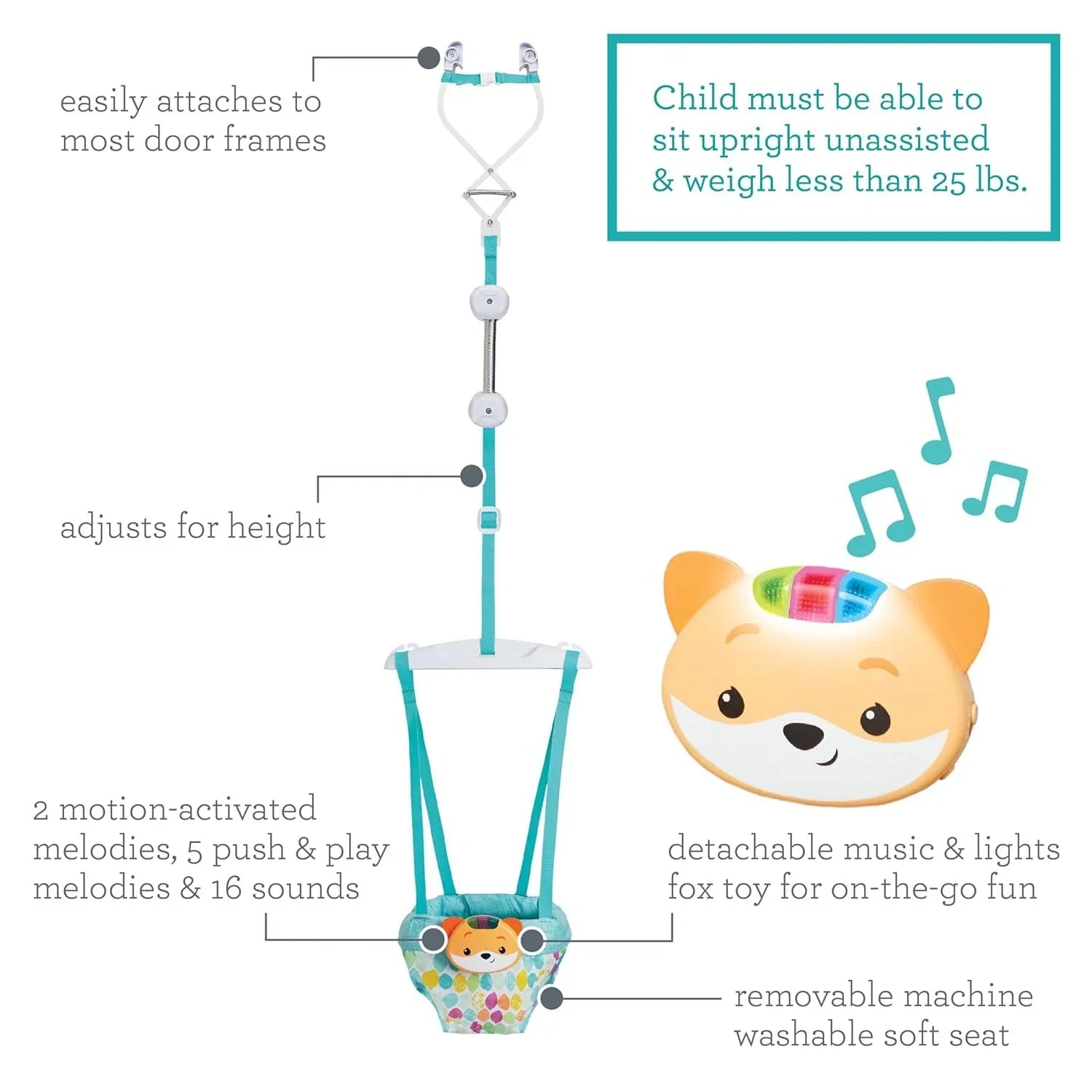Infantino Fox2-in-1 Music & Lights Doorway Activity Jumper with Motion-Activated Sounds Blue/Grey  Age- 6 Months & Above