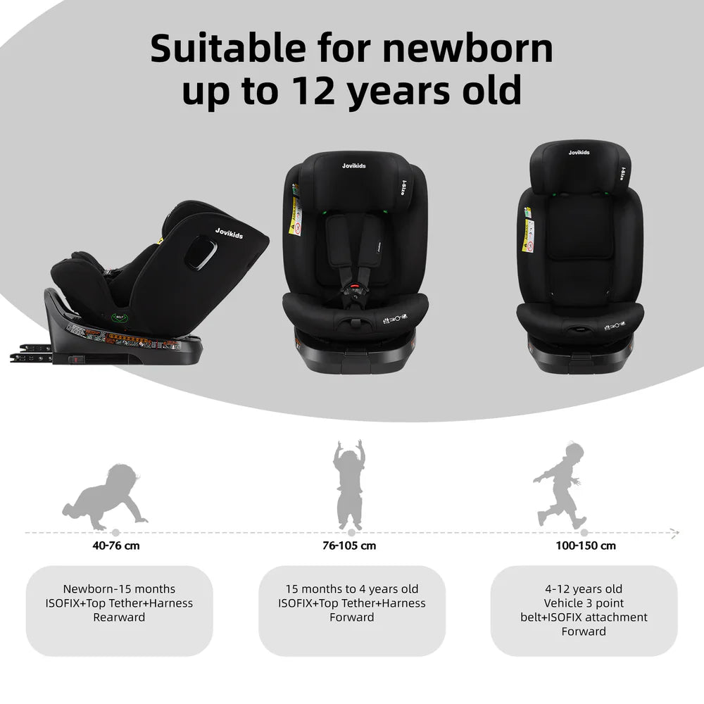 Jovikids ISOFIX Car Seat 360° for 40-150cm Kids Group 0+1/2/3 WDCS001 Black Age- Newborn to 12 Years
