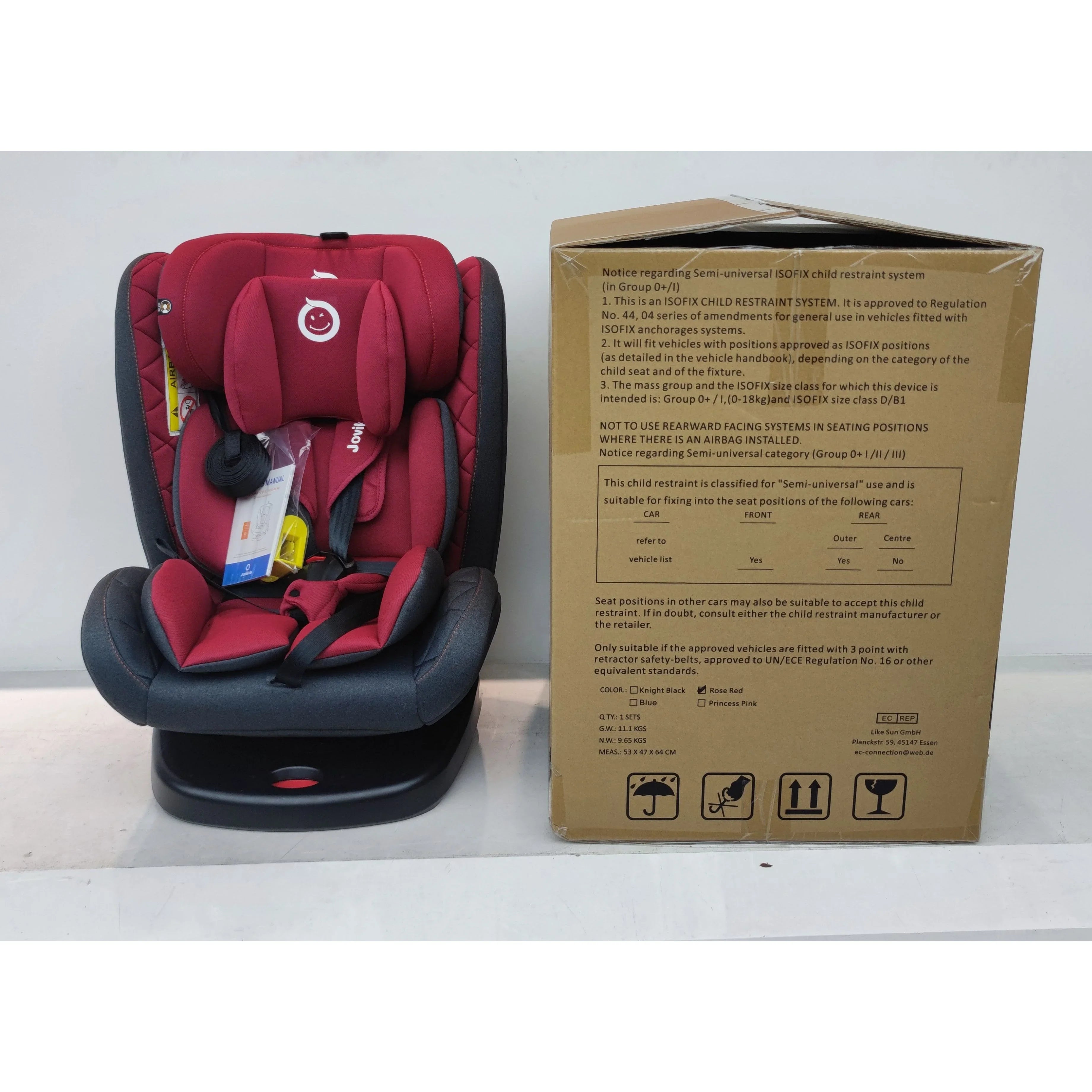 Jovikids Isofix with Top Tether 360 Degree Swivel Car Seat, Group 0/1/2/3 (WD002) Red Age- Newborn to 12 Years