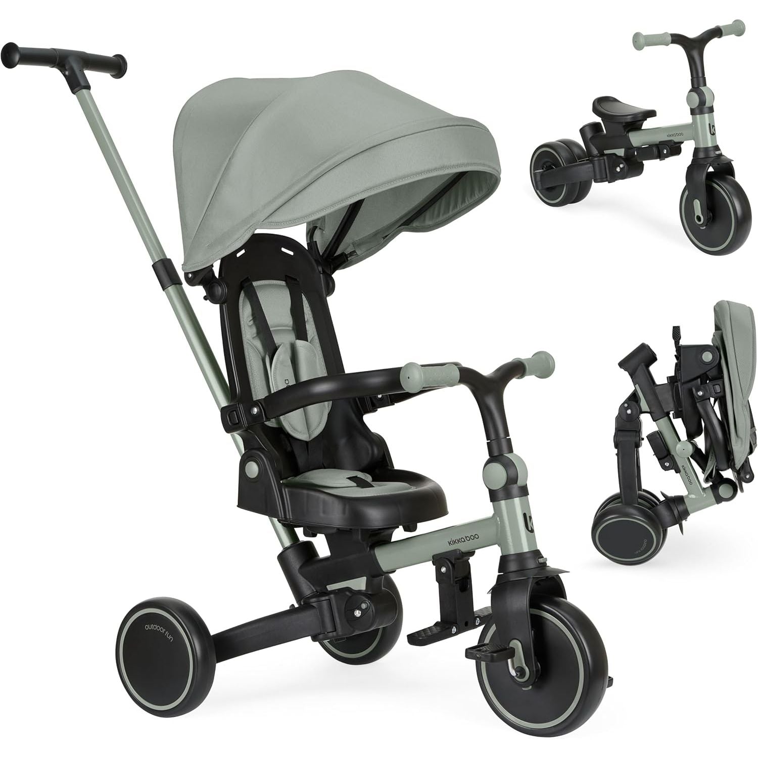 KikkaBoo Aluma Evolutionary  8-in-1 Foldable Convertible Tricycle with Reversible Seat & Parent Handle Army Green Age- 12 Months to 5 Years