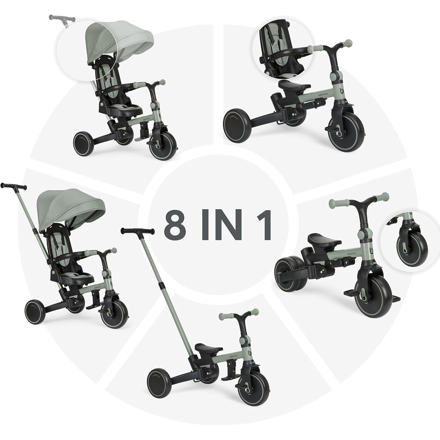 KikkaBoo Aluma Evolutionary  8-in-1 Foldable Convertible Tricycle with Reversible Seat & Parent Handle Army Green Age- 12 Months to 5 Years