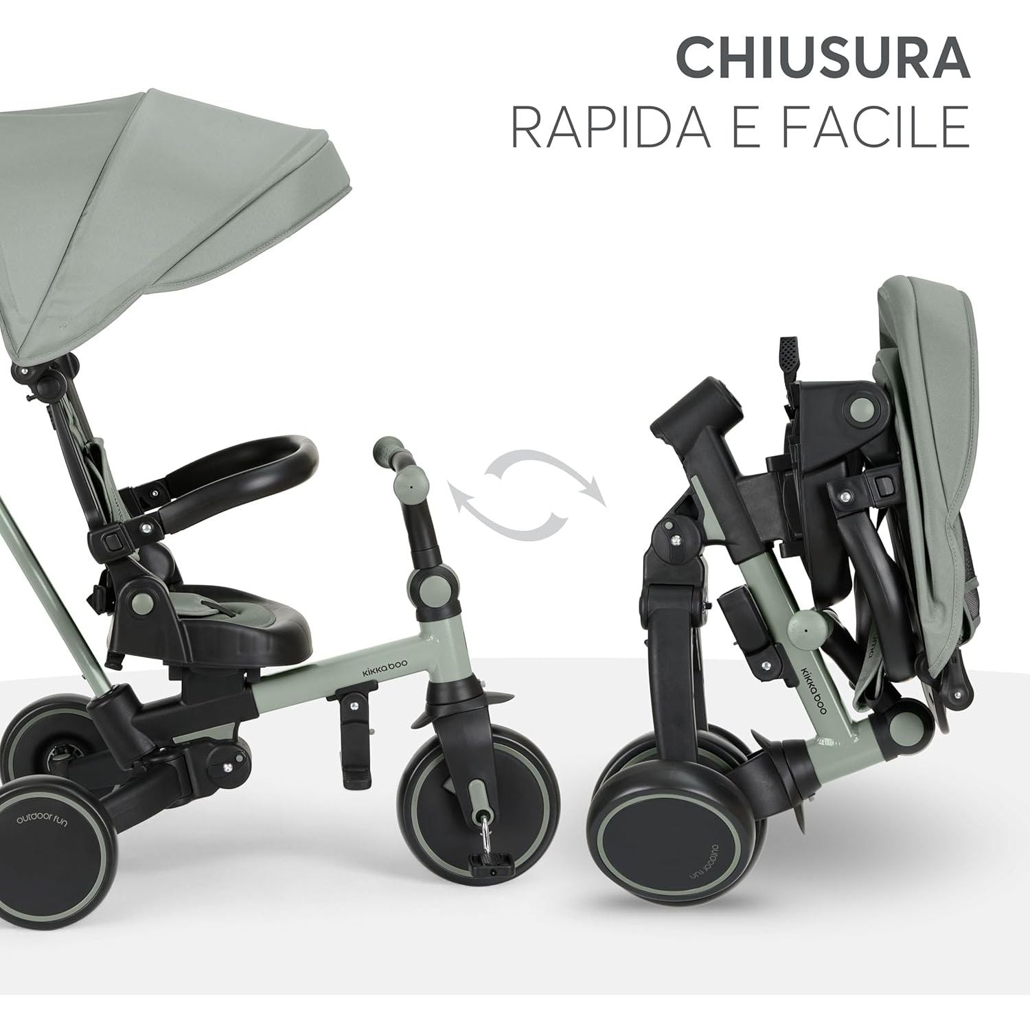 KikkaBoo Aluma Evolutionary  8-in-1 Foldable Convertible Tricycle with Reversible Seat & Parent Handle Army Green Age- 12 Months to 5 Years