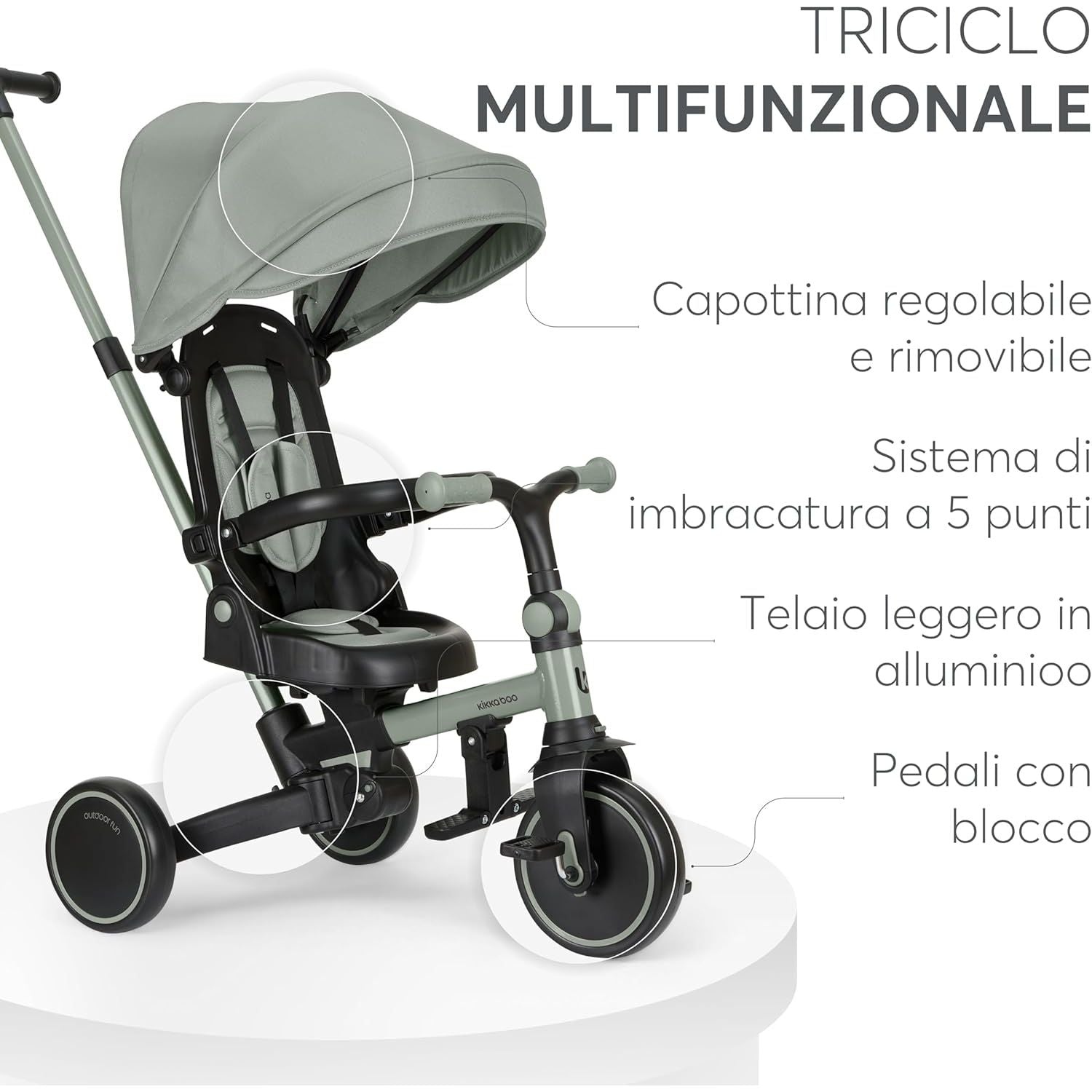 KikkaBoo Aluma Evolutionary  8-in-1 Foldable Convertible Tricycle with Reversible Seat & Parent Handle Army Green Age- 12 Months to 5 Years