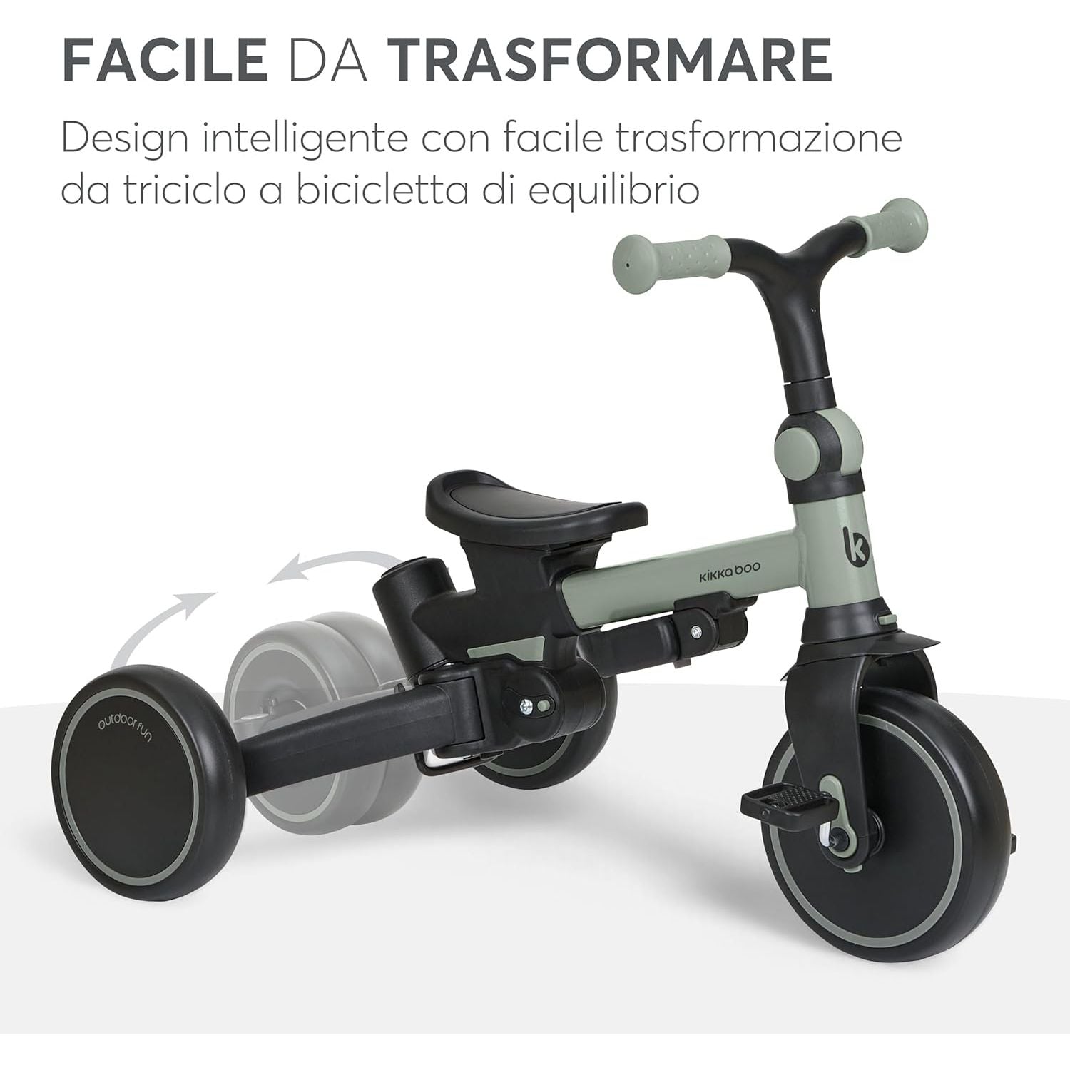 KikkaBoo Aluma Evolutionary  8-in-1 Foldable Convertible Tricycle with Reversible Seat & Parent Handle Army Green Age- 12 Months to 5 Years