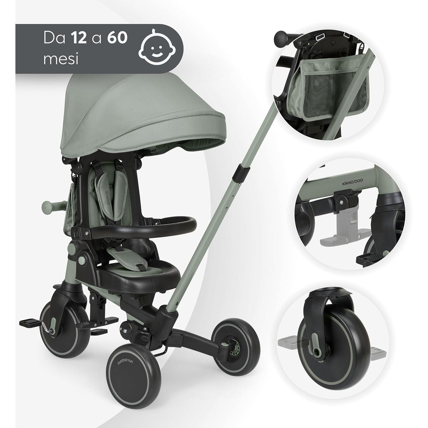 KikkaBoo Aluma Evolutionary  8-in-1 Foldable Convertible Tricycle with Reversible Seat & Parent Handle Army Green Age- 12 Months to 5 Years