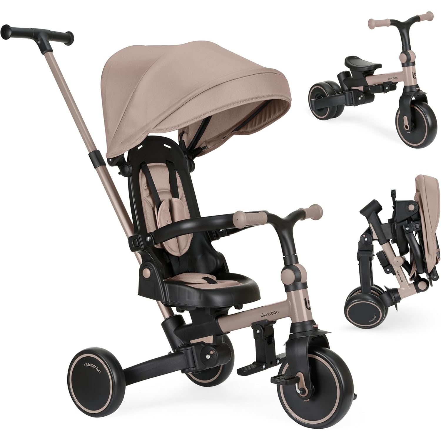 KikkaBoo Aluma Evolutionary  8-in-1 Foldable Convertible Tricycle with Reversible Seat & Parent Handle Beige Age- 12 Months to 5 Years