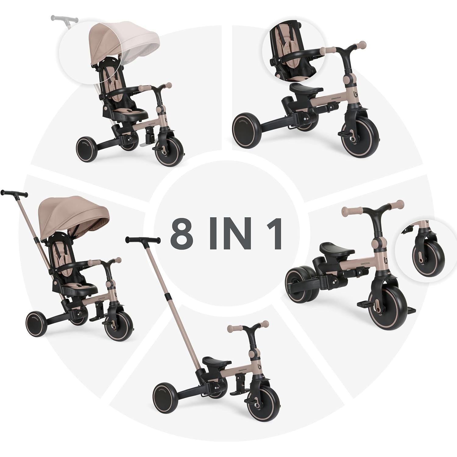KikkaBoo Aluma Evolutionary  8-in-1 Foldable Convertible Tricycle with Reversible Seat & Parent Handle Beige Age- 12 Months to 5 Years
