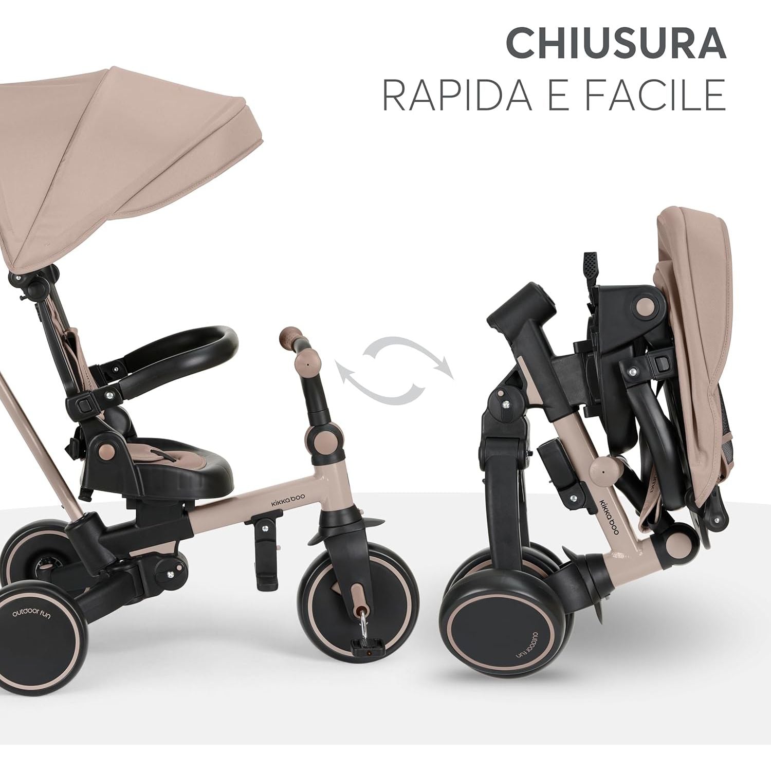 KikkaBoo Aluma Evolutionary  8-in-1 Foldable Convertible Tricycle with Reversible Seat & Parent Handle Beige Age- 12 Months to 5 Years