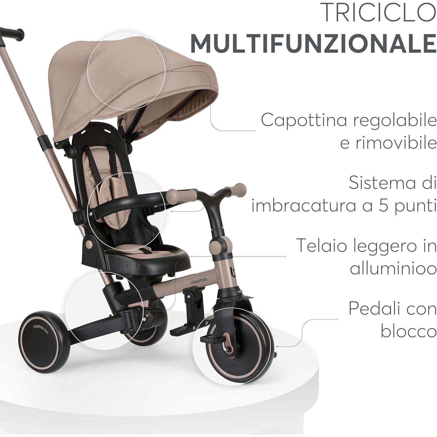 KikkaBoo Aluma Evolutionary  8-in-1 Foldable Convertible Tricycle with Reversible Seat & Parent Handle Beige Age- 12 Months to 5 Years