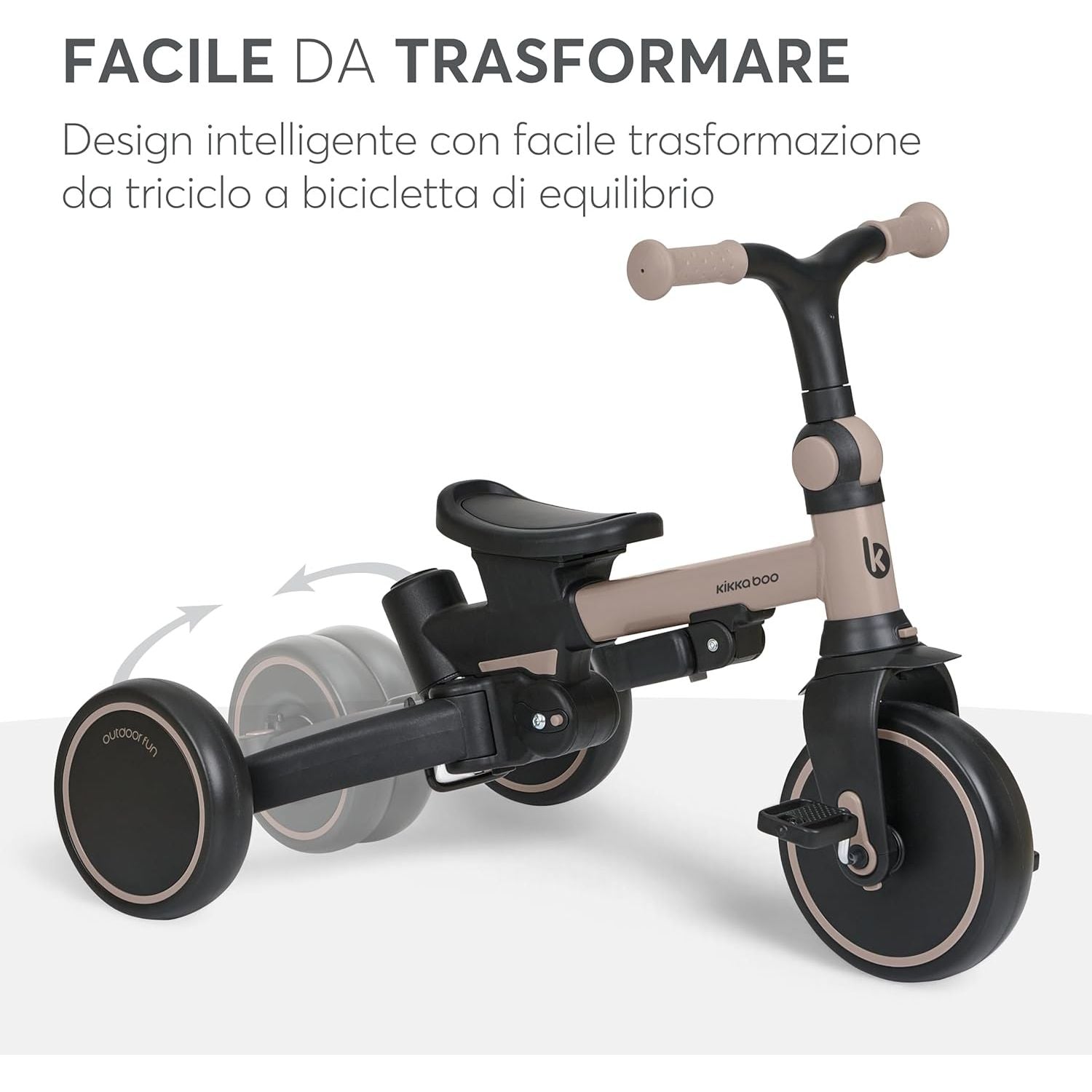 KikkaBoo Aluma Evolutionary  8-in-1 Foldable Convertible Tricycle with Reversible Seat & Parent Handle Beige Age- 12 Months to 5 Years