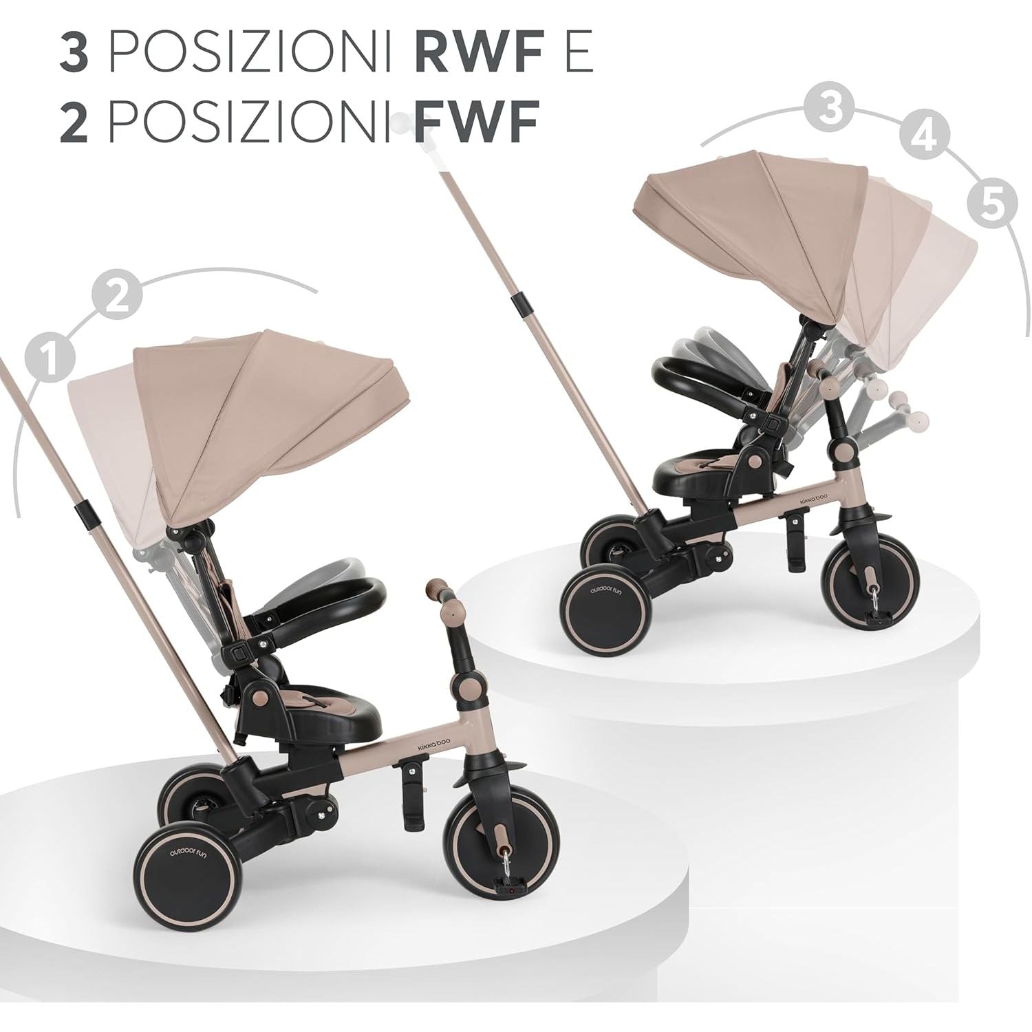 KikkaBoo Aluma Evolutionary  8-in-1 Foldable Convertible Tricycle with Reversible Seat & Parent Handle Beige Age- 12 Months to 5 Years