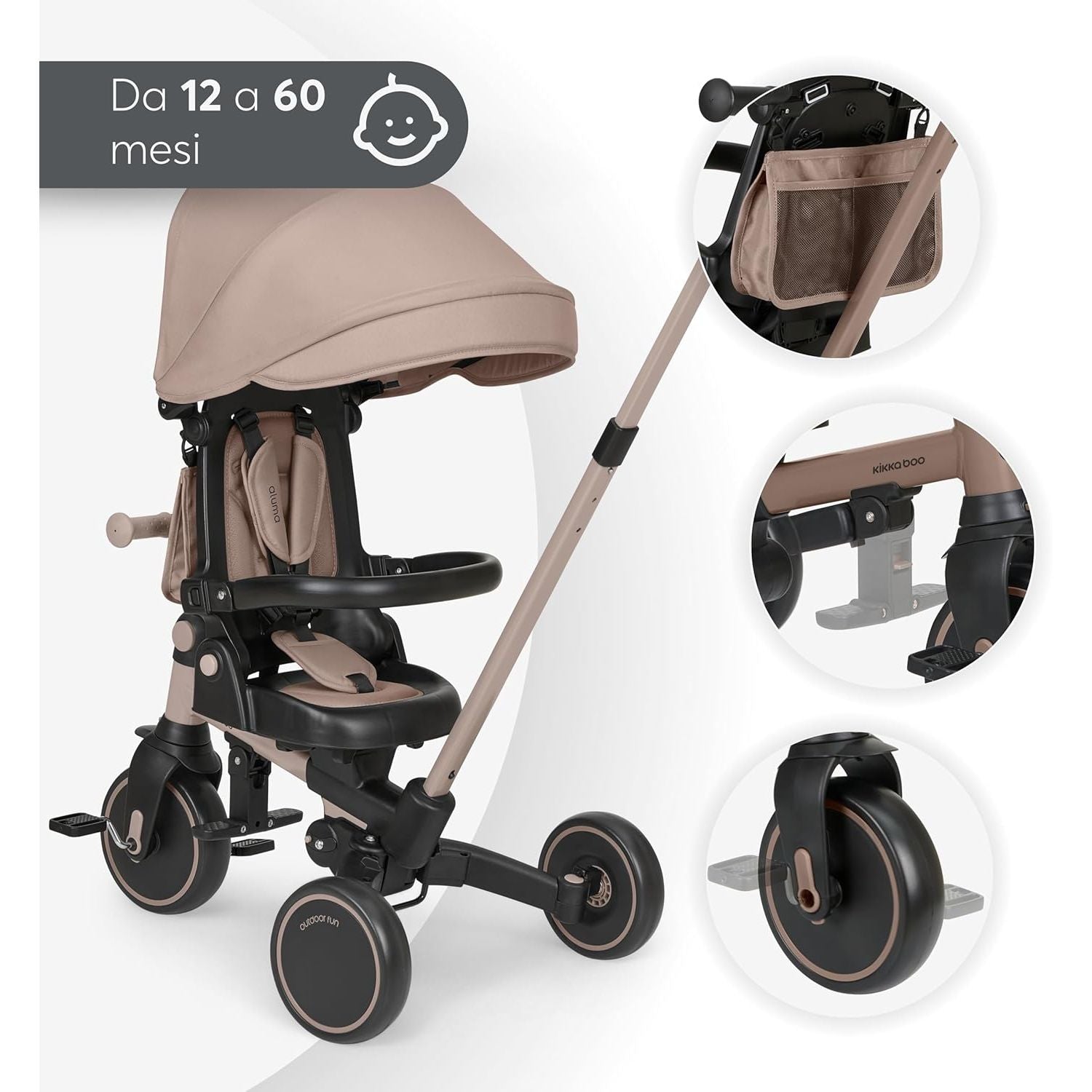KikkaBoo Aluma Evolutionary  8-in-1 Foldable Convertible Tricycle with Reversible Seat & Parent Handle Beige Age- 12 Months to 5 Years