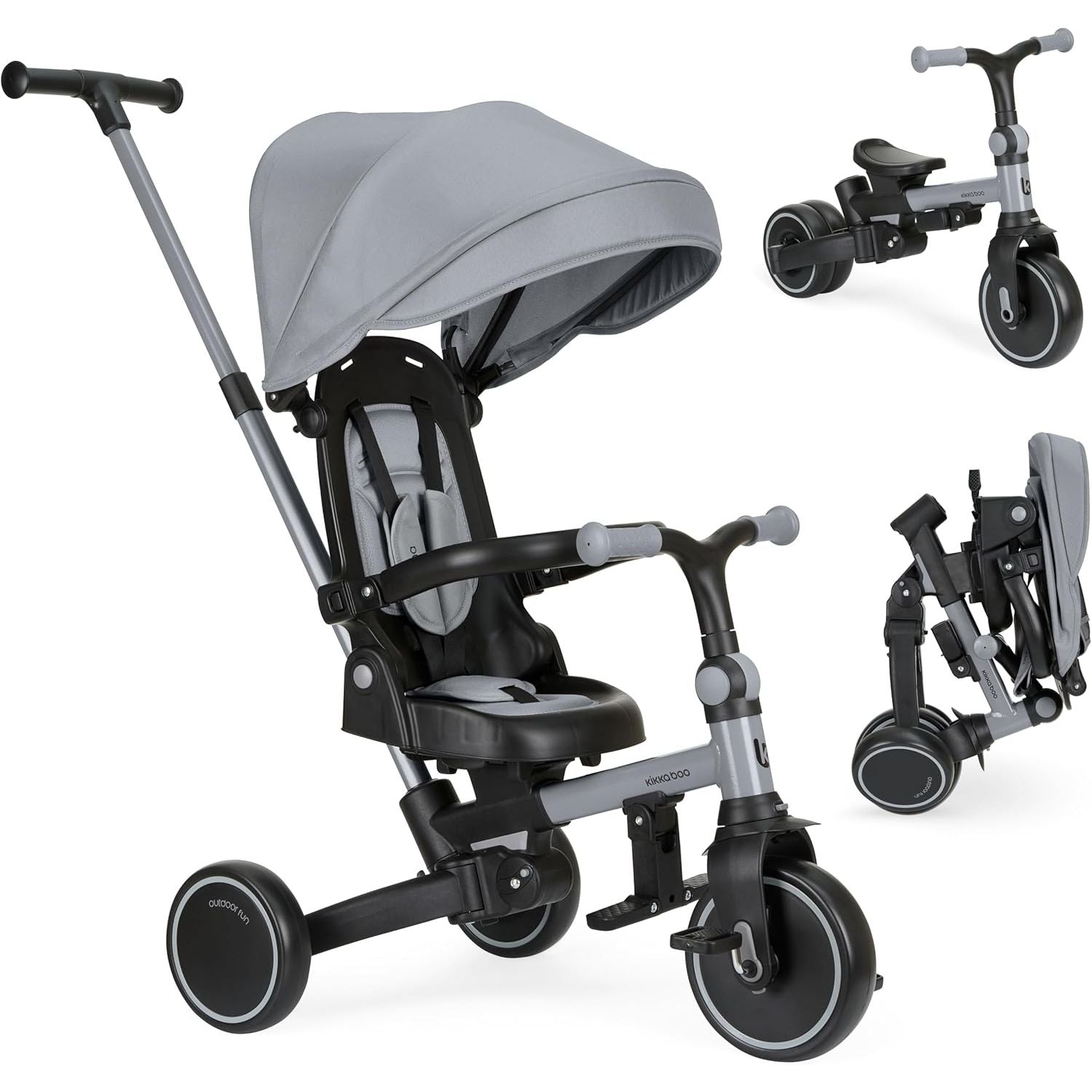 KikkaBoo Aluma Evolutionary 8-in-1 Foldable Convertible Tricycle with Reversible Seat & Parent Handle Grey Age- 12 Months to 5 Years