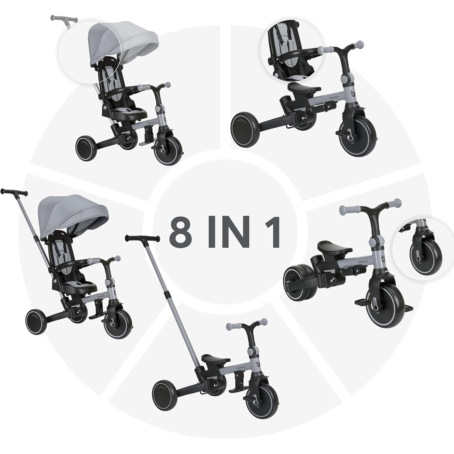 KikkaBoo Aluma Evolutionary 8-in-1 Foldable Convertible Tricycle with Reversible Seat & Parent Handle Grey Age- 12 Months to 5 Years