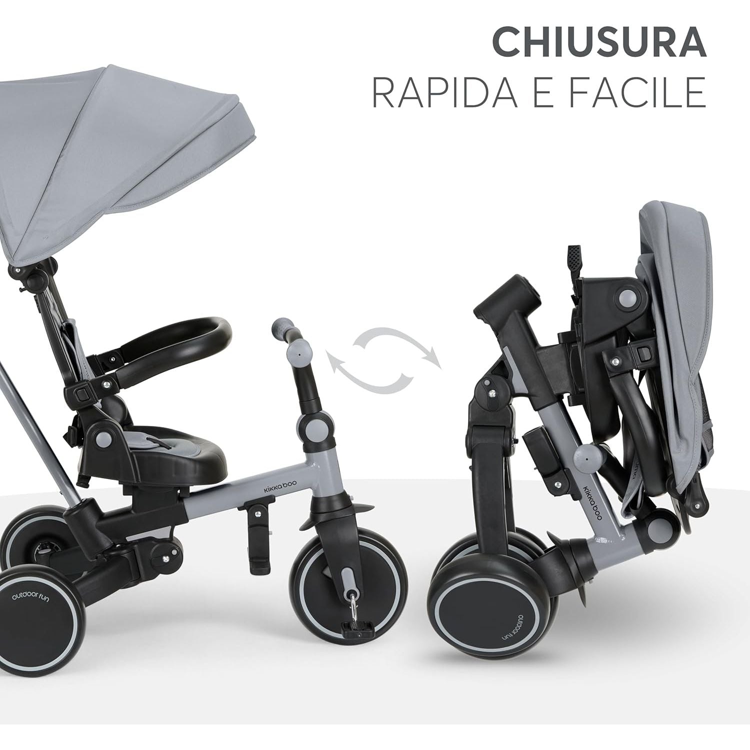 KikkaBoo Aluma Evolutionary 8-in-1 Foldable Convertible Tricycle with Reversible Seat & Parent Handle Grey Age- 12 Months to 5 Years