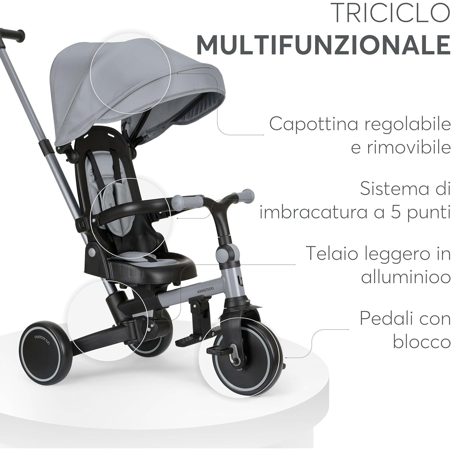 KikkaBoo Aluma Evolutionary 8-in-1 Foldable Convertible Tricycle with Reversible Seat & Parent Handle Grey Age- 12 Months to 5 Years