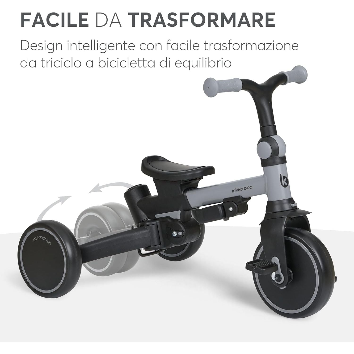 KikkaBoo Aluma Evolutionary 8-in-1 Foldable Convertible Tricycle with Reversible Seat & Parent Handle Grey Age- 12 Months to 5 Years