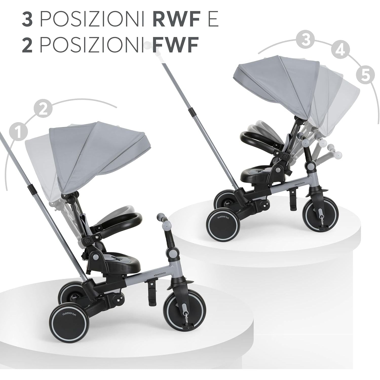 KikkaBoo Aluma Evolutionary 8-in-1 Foldable Convertible Tricycle with Reversible Seat & Parent Handle Grey Age- 12 Months to 5 Years