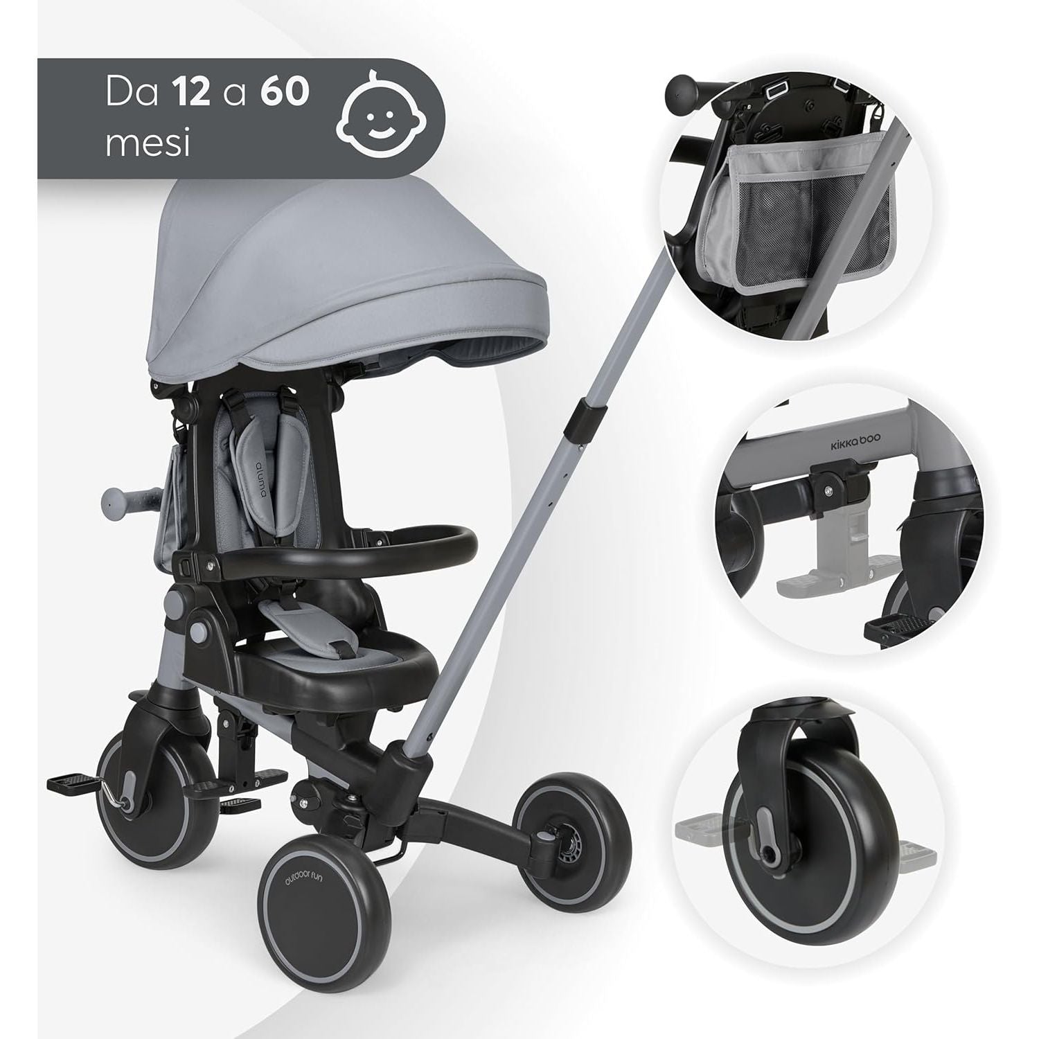 KikkaBoo Aluma Evolutionary 8-in-1 Foldable Convertible Tricycle with Reversible Seat & Parent Handle Grey Age- 12 Months to 5 Years