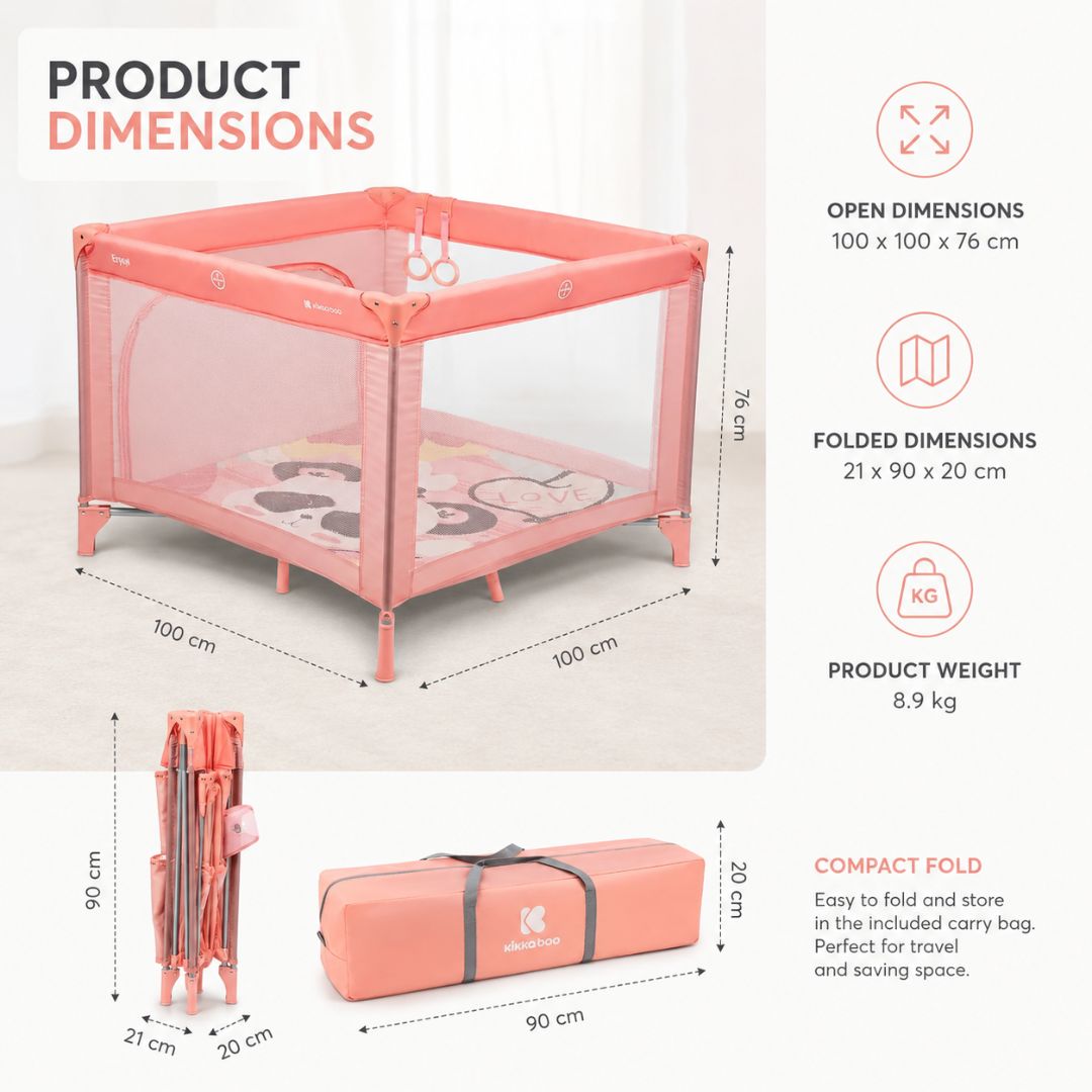 KikkaBoo Enjoy Panda 2023 Cuna Park Foldable Baby Playpen & Travel Cot with Mattress, Mesh Windows & Carry BagPink Age-Newborn to 36 Months (Holds upto 15 Kg)