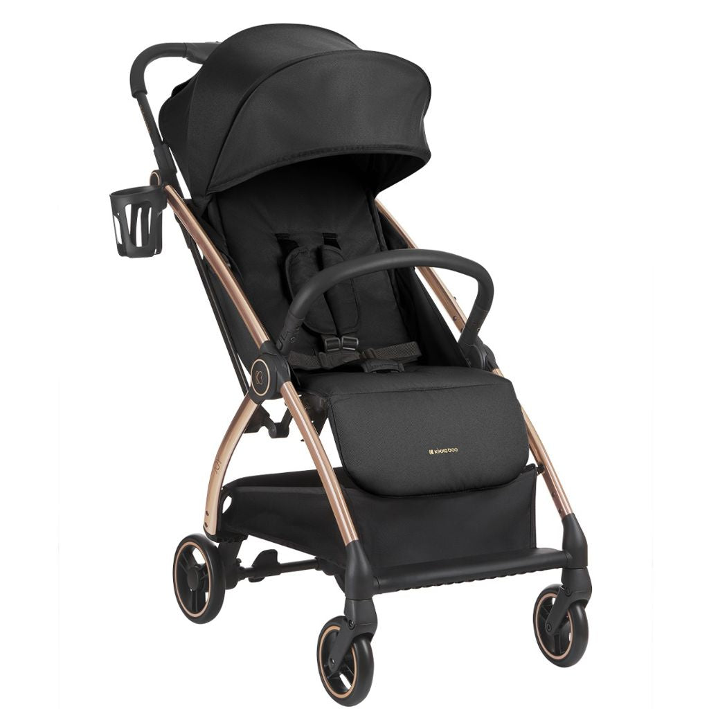 KikkaBoo Joy Lightweight Auto-Folding Compact Baby Stroller with One-Touch Fold, Reclining Seat, Suspension Wheels, Cup Holder & UV Canopy Black  Age- Newborn & Above (Holds upto 22 Kg