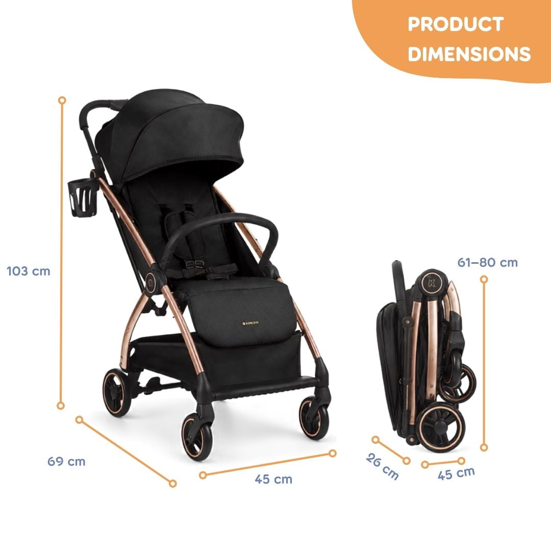 KikkaBoo Joy Lightweight Auto-Folding Compact Baby Stroller with One-Touch Fold, Reclining Seat, Suspension Wheels, Cup Holder & UV Canopy Black Age- Newborn & Above (Holds upto 22 Kg