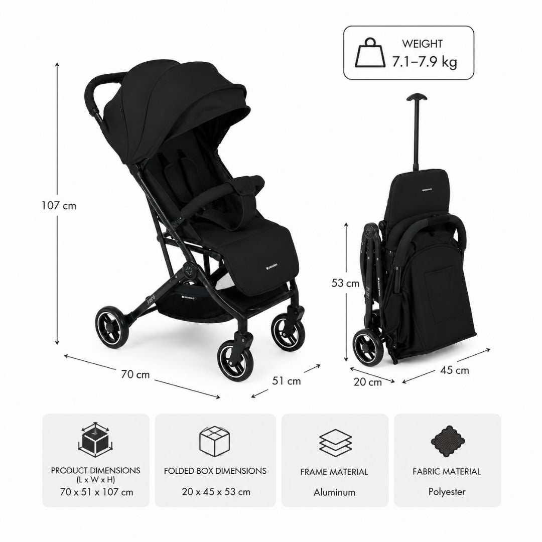 KikkaBoo Ruby Lightweight Ultra-Compact Fold Baby Stroller with Reclining Seat, UV Canopy & Foldable Travel Design Black Age- Newborn to 36 Months (Up to 15 kg)