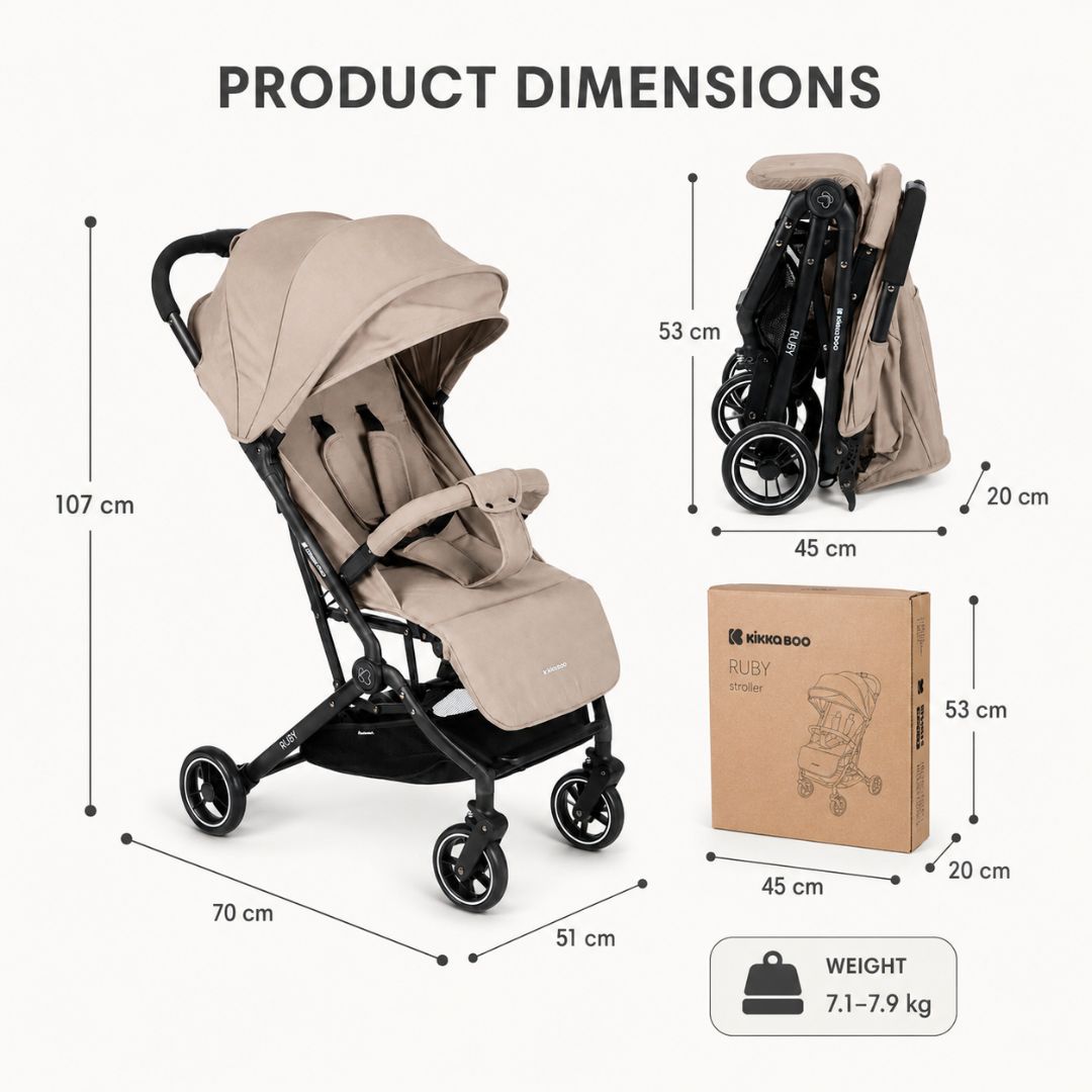 KikkaBoo Ruby Lightweight Ultra-Compact Fold Baby Stroller with Reclining Seat, UV Canopy & Foldable Travel Design Beige Age- Newborn to 36 Months (Up to 15 kg)
