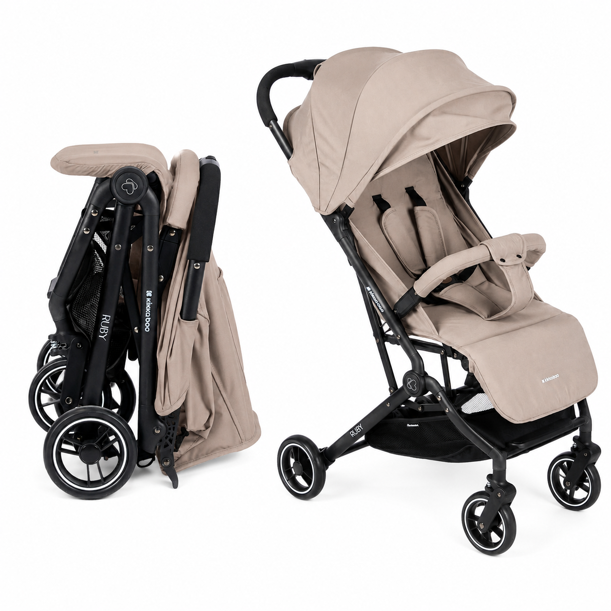 KikkaBoo Ruby Lightweight Ultra-Compact Fold Baby Stroller with Reclining Seat, UV Canopy & Foldable Travel Design Beige Age- Newborn to 36 Months (Up to 15 kg)