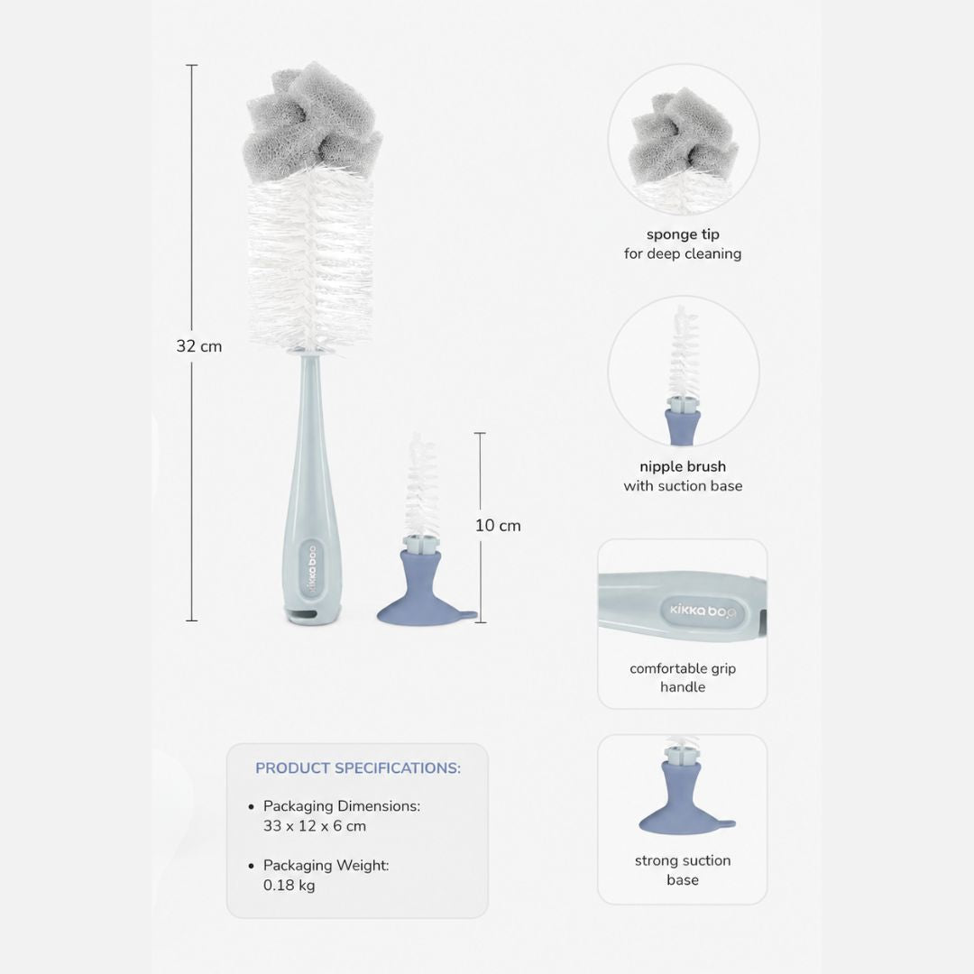 Kikkaboo 2-in-1 Baby Feeding Bottle Brush with Nipple Cleaner Blue Age- Newborn & Above
