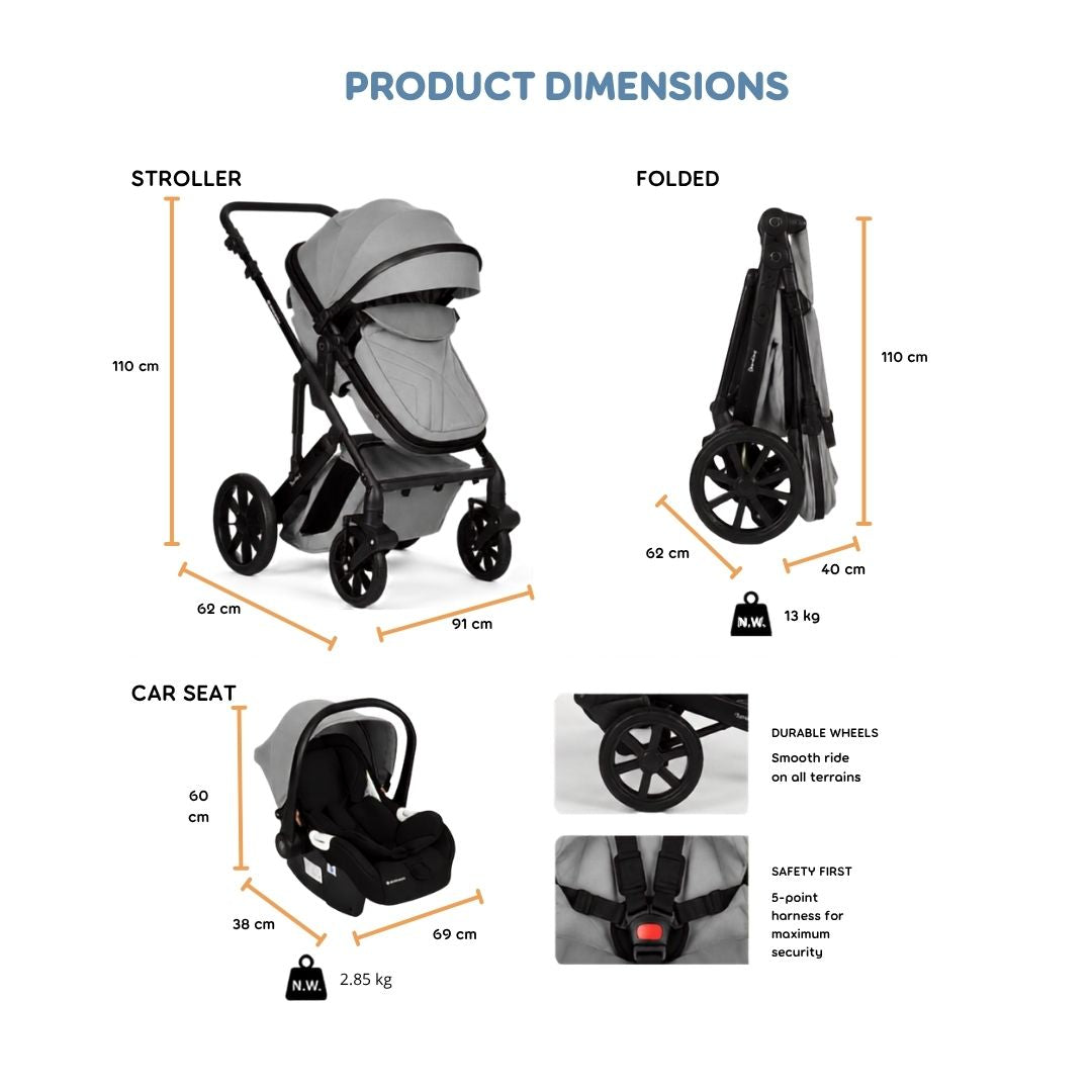 Kikkaboo Darling 3-In-1 Travel System Stroller with Transferable Seat 2024 Light Grey Age-Newborn & Above (Holds upto 22 Kg)