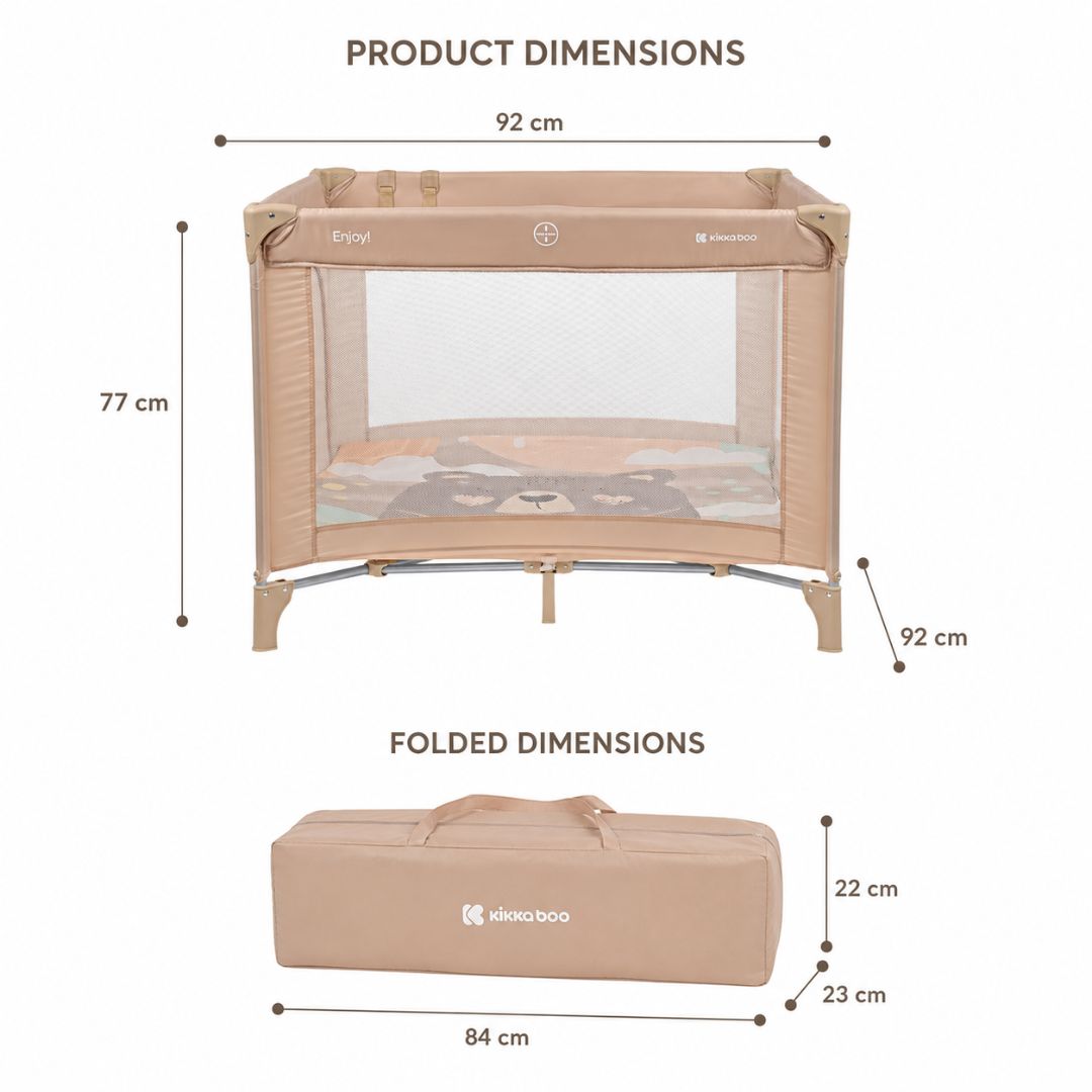Kikkaboo Enjoy Playpen & Baby Travel Cot with Mattress Pad Beige Bear 2023 Age-Newborn to 36 Months (Holds upto 15 Kg)