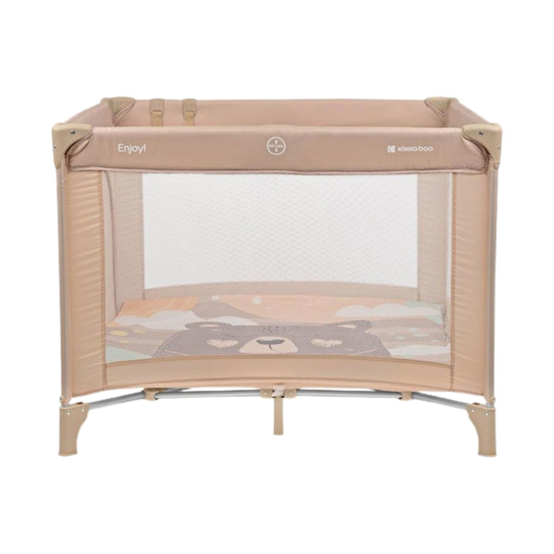 Kikkaboo Enjoy Playpen & Baby Travel Cot with Mattress Pad Beige Bear 2023 Age-Newborn to 36 Months (Holds upto 15 Kg)