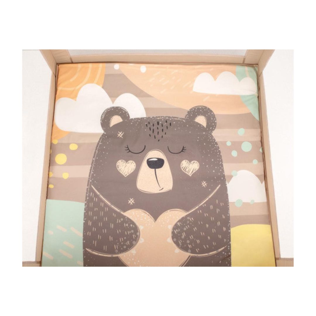 Kikkaboo Enjoy Playpen & Baby Travel Cot with Mattress Pad Beige Bear 2023 Age-Newborn to 36 Months (Holds upto 15 Kg)