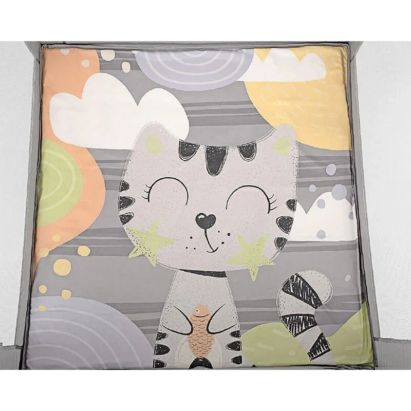 Kikkaboo Enjoy Playpen & Baby Travel Cot with Mattress Pad Grey Cat Age-Newborn to 36 Months (Holds upto 15 Kg)