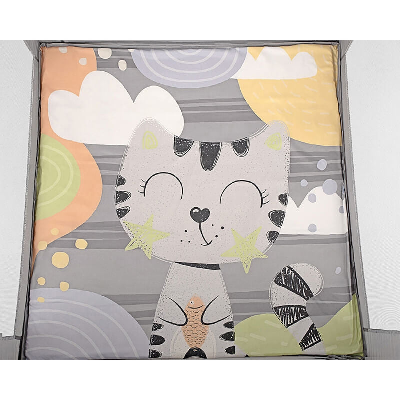 Kikkaboo Enjoy Playpen & Baby Travel Cot with Mattress Pad Grey Cat Age-Newborn to 36 Months (Holds upto 15 Kg)