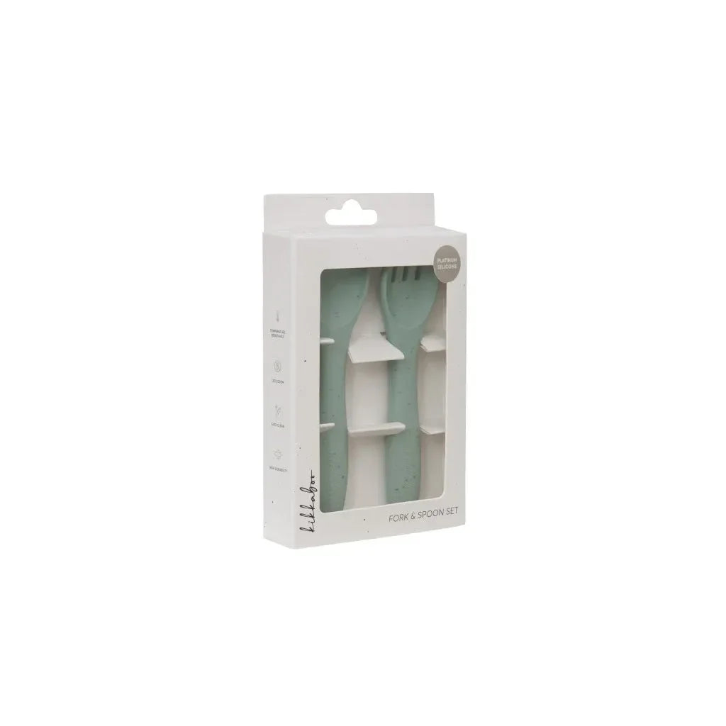 Kikkaboo Fork and spoon set Platinum Silicone Sage Age- 6 Months & Above
