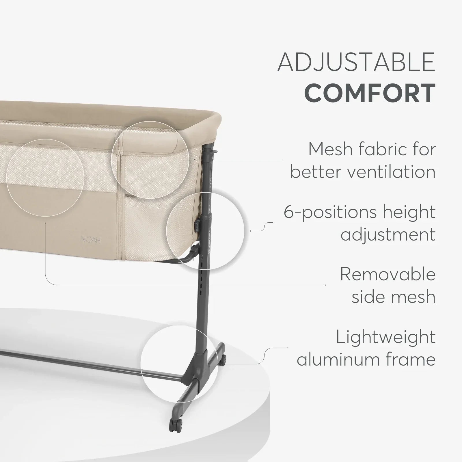 Kikkaboo Noah Bedside Crib Beige Age- Newborn to 6 Months