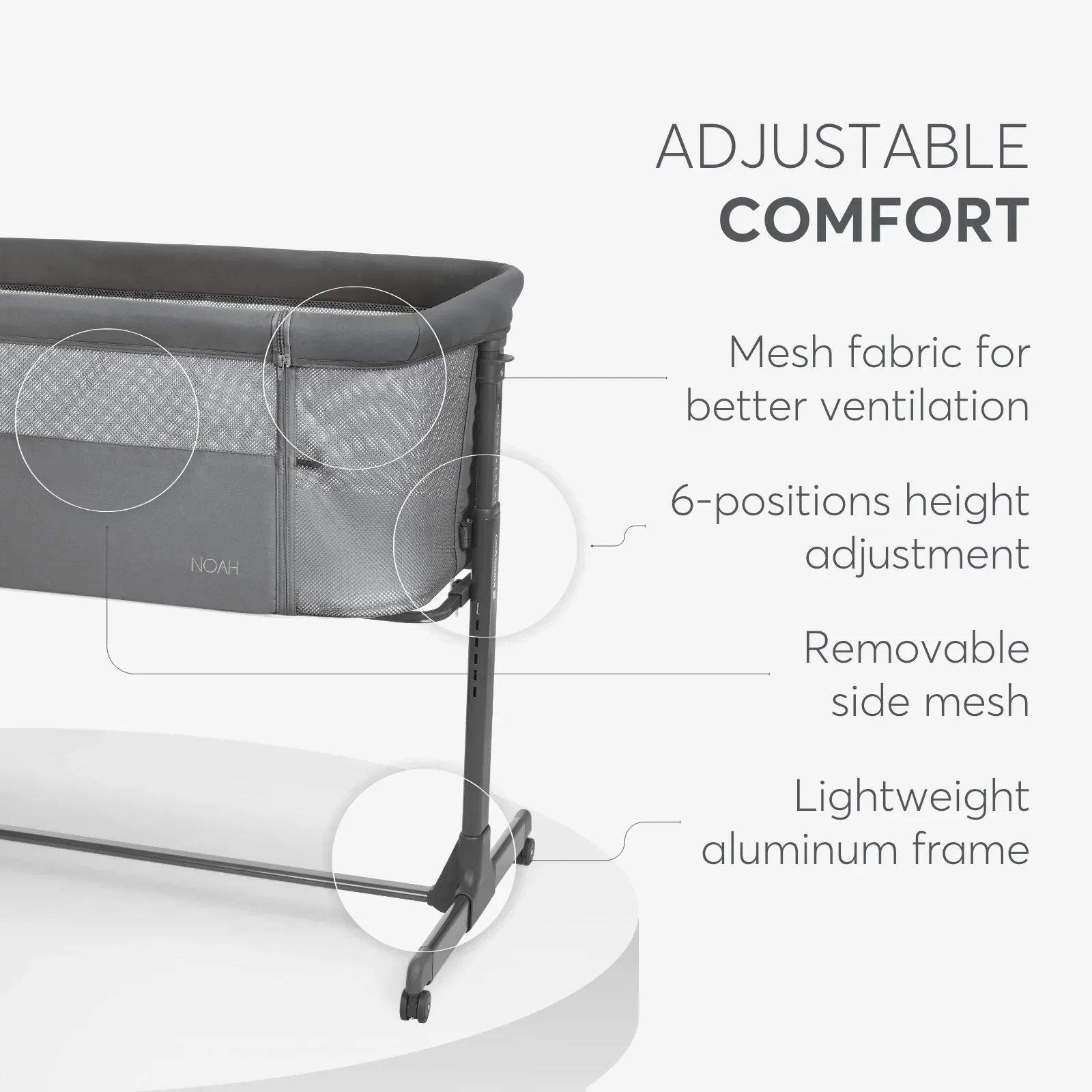 Kikkaboo Noah Bedside Crib Dark Grey Age- Newborn to 6 Months