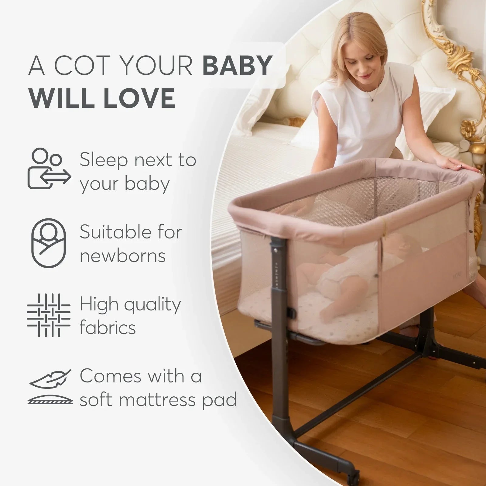 Kikkaboo Noah Bedside Crib Dark Grey Age- Newborn to 6 Months