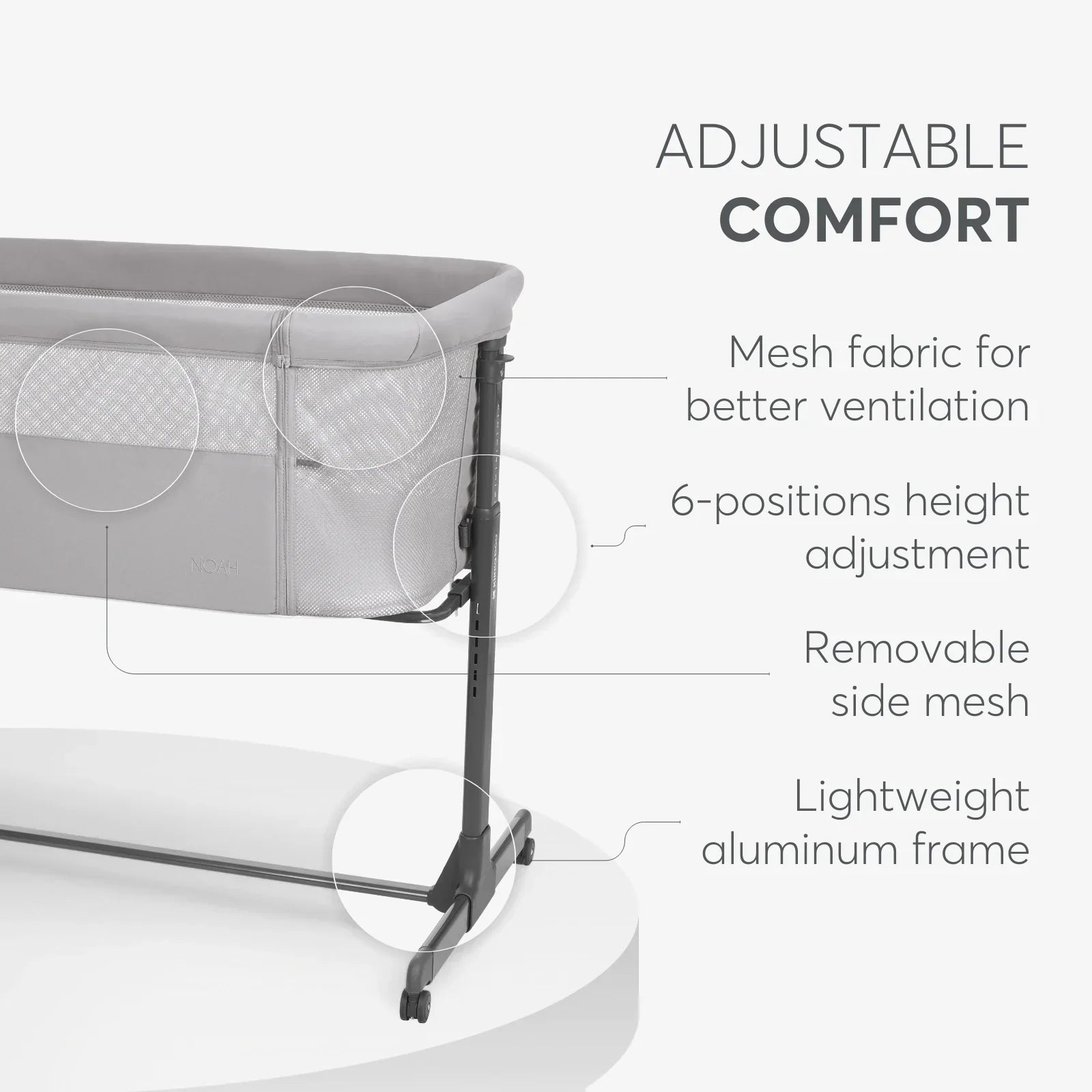 Kikkaboo Noah Bedside Crib Light Grey Age- Newborn to 6 Months